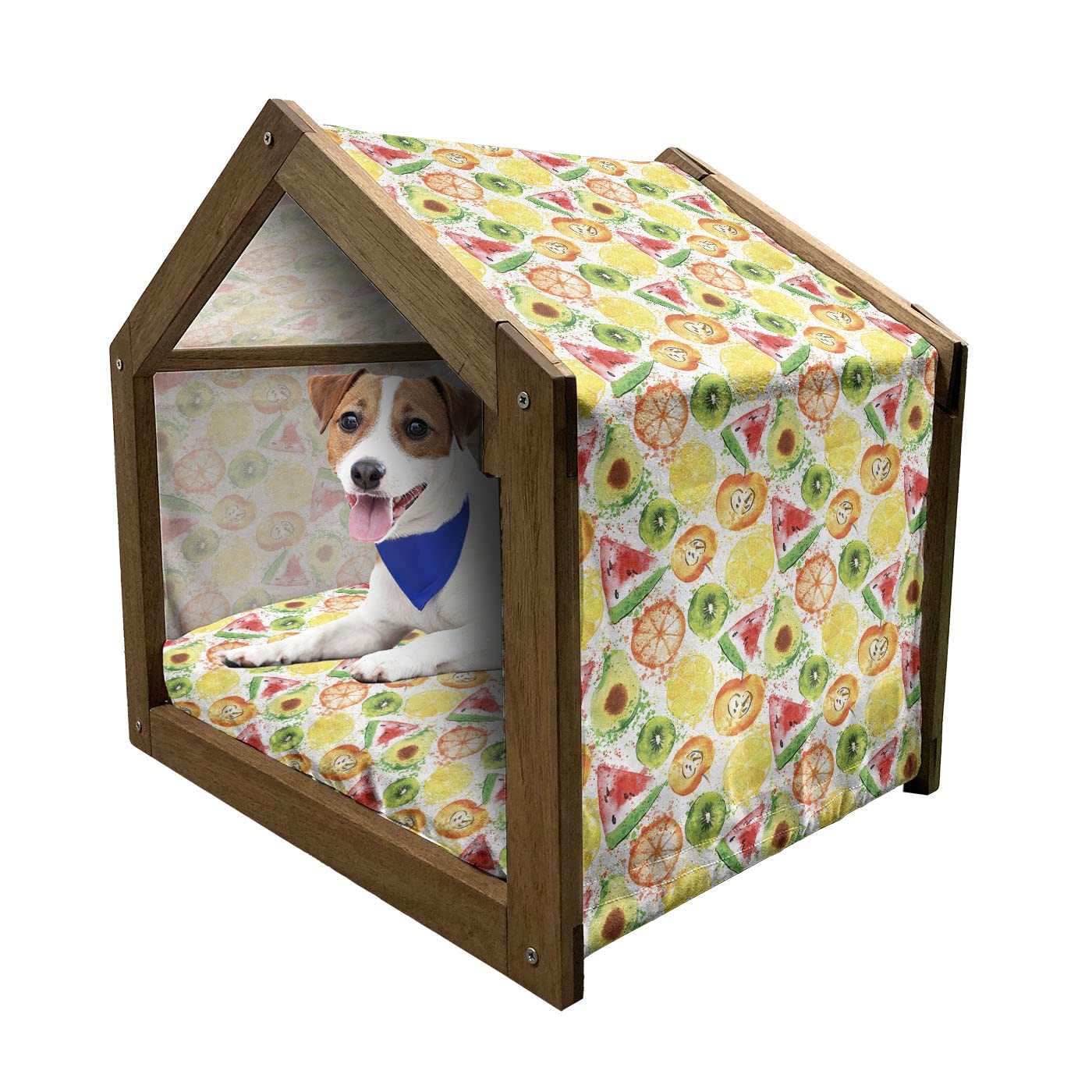Ambesonne Wooden Pet House with Fruits & Plants Design - Watermelon, Peach, Avocado Pattern Indoor/Outdoor Portable Dog Kennel with Pillow & Cover - Large Size in Yellow, Orange & Green Colors - Perfect for Home, Garden, Patio or Backyard Use