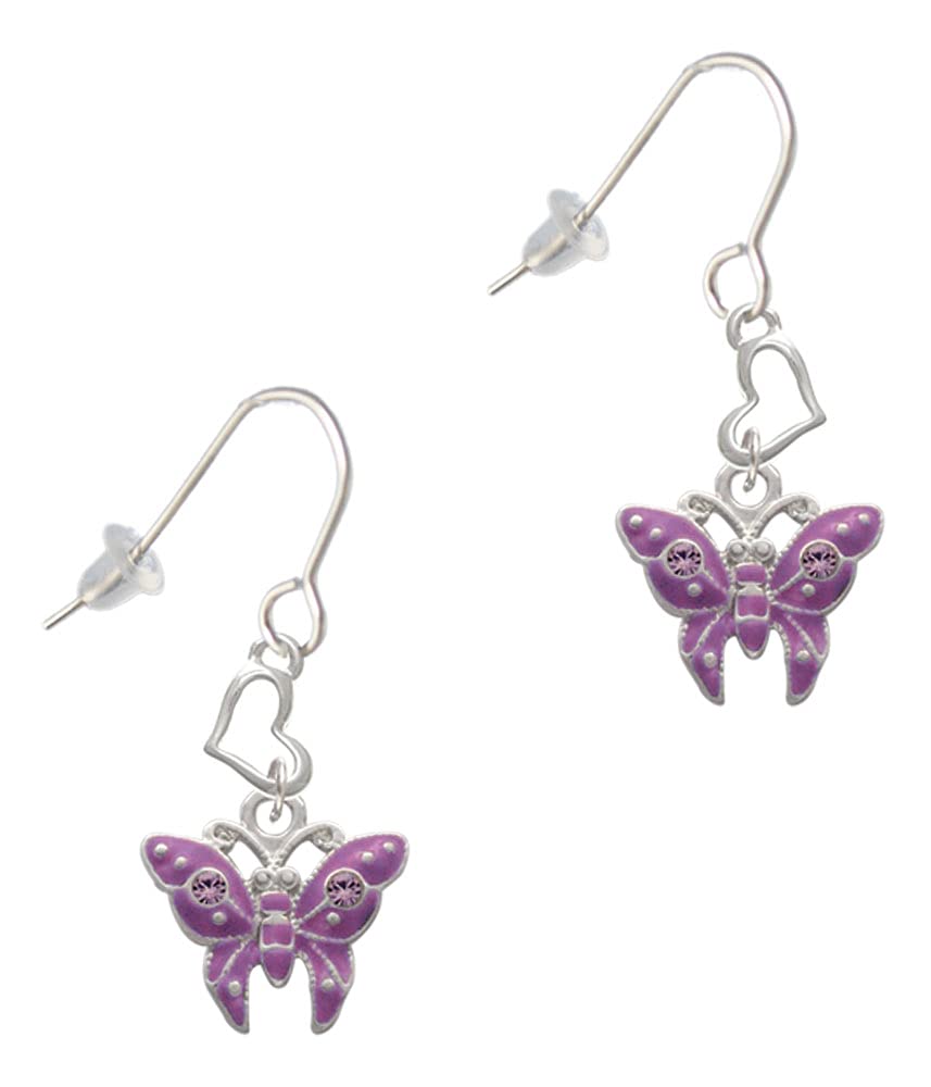 Silver Butterfly Heart Earrings with Crystals - Elegant French Hook Jewelry for Women