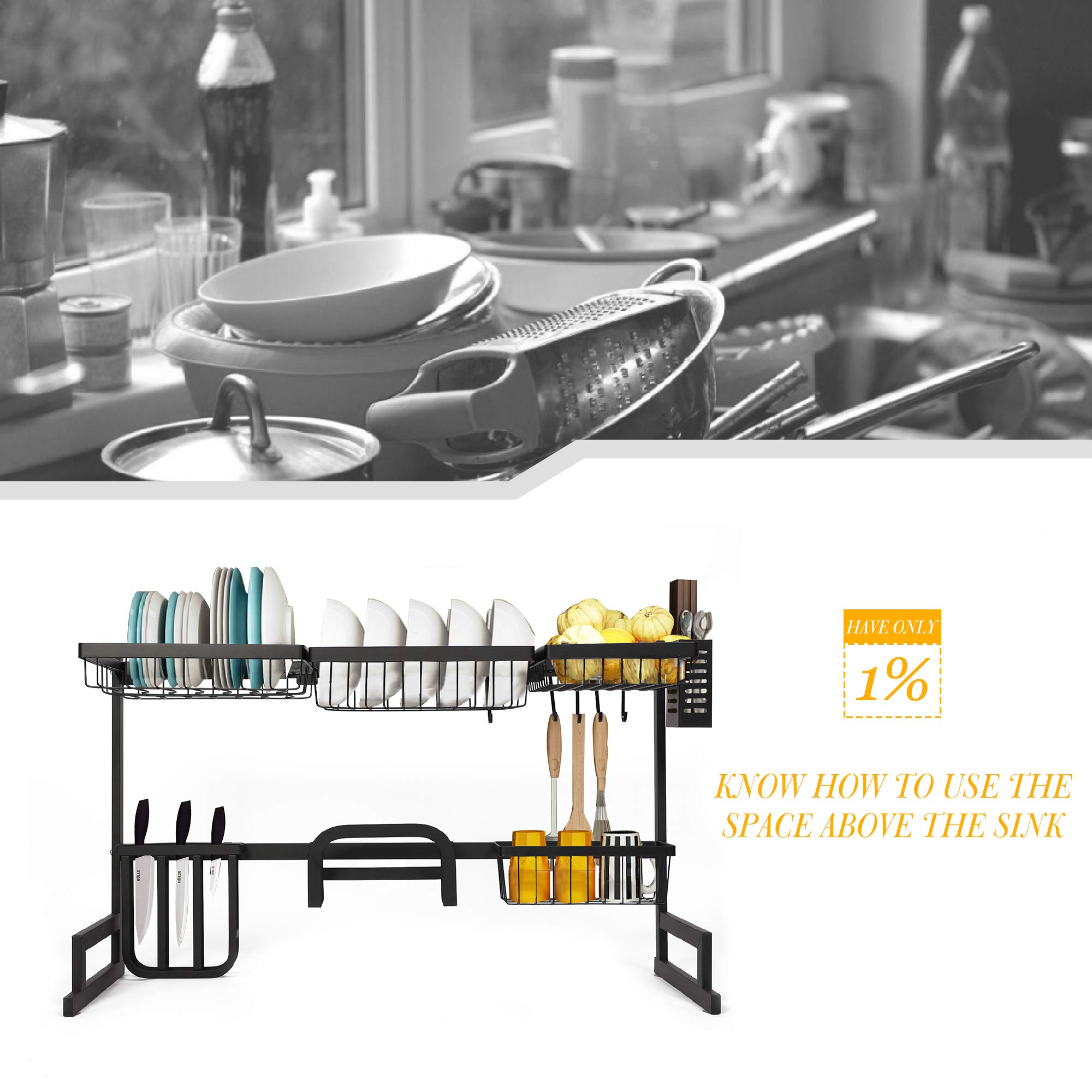 Stainless Steel 2-Tier Over The Sink Dish Drying Rack with Cutting Board & Sponge Holder - Space Saving Kitchen Counter Organizer for Dishes, Utensils & Sponges - Perfect for Small Kitchens, Apartments & RV Use (Black)