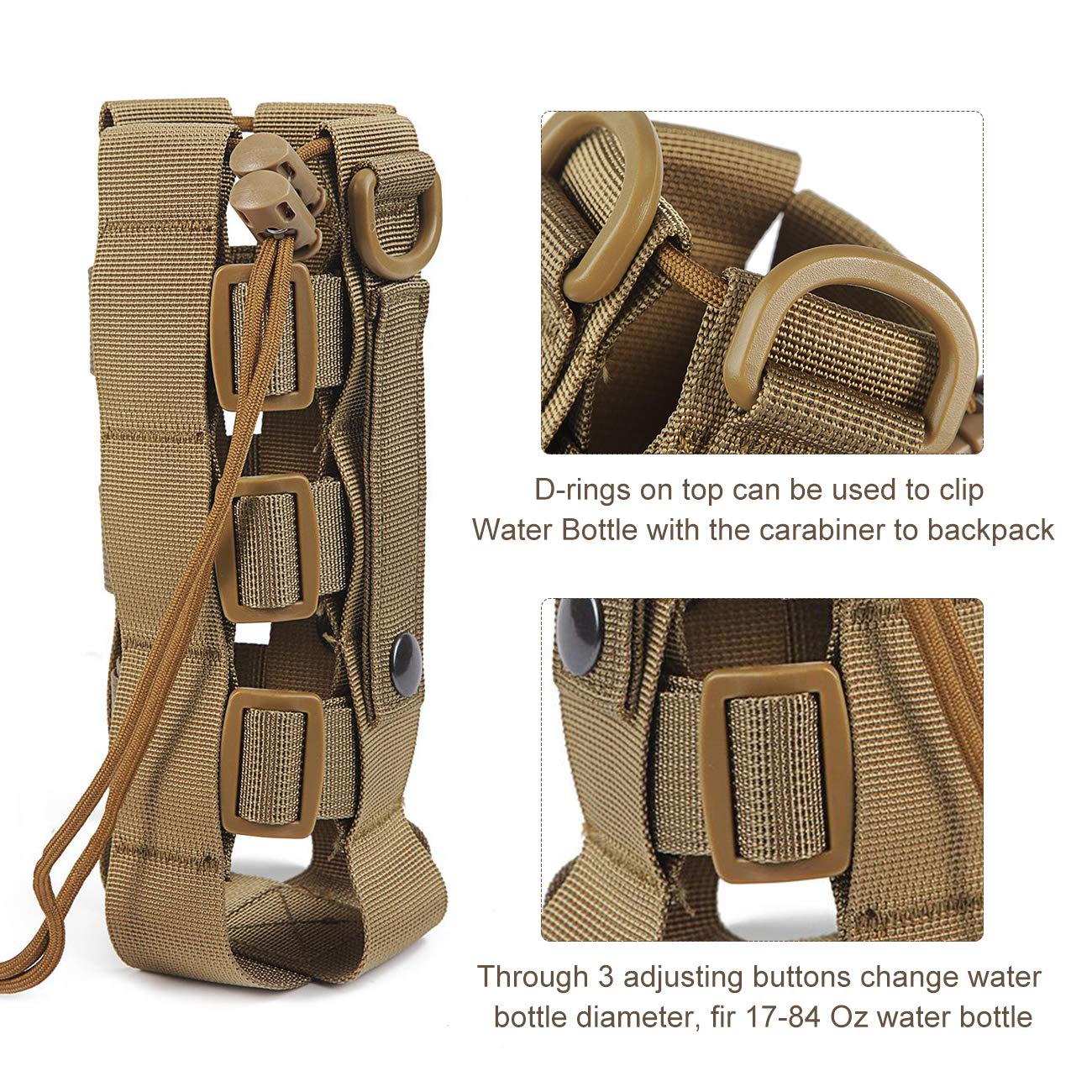 WICHEMI MOLLE Water Bottle Pouch - Tactical Hydration Holder with Adjustable Straps for 17-84 Oz Bottles (Brown) - Perfect for Hiking, Camping & Outdoor Adventures