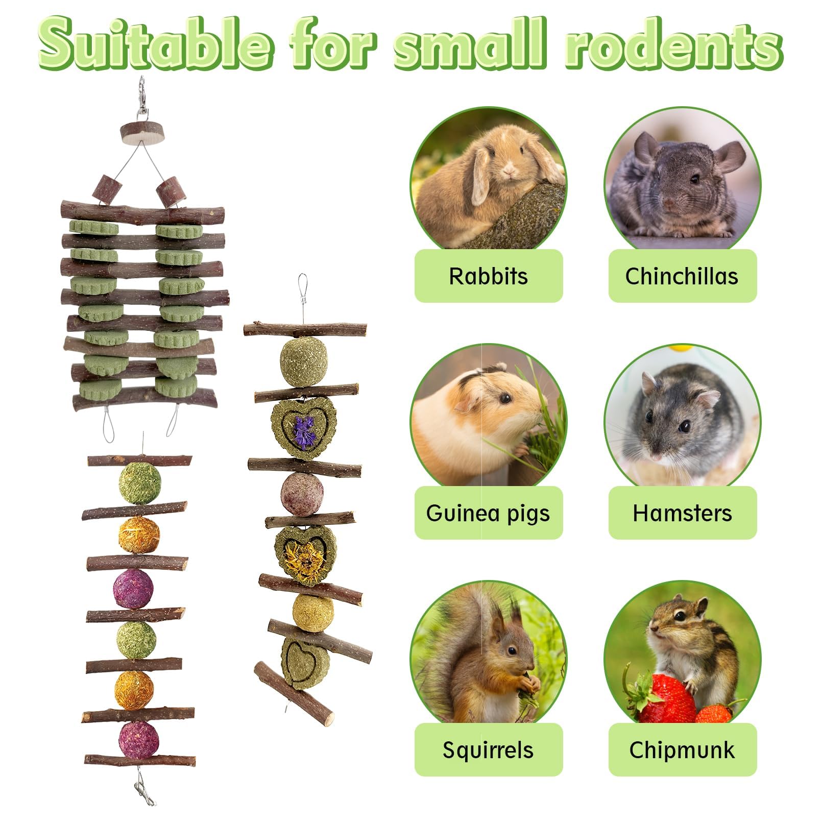 Hamiledyi Natural Bunny Chew Toys for Rabbits - Timothy Grass & Fruit Sticks Dental Treats for Guinea Pigs, Hamsters, Chinchillas - Hanging Teeth Grinding Toys for Small Pets - Perfect for Cage Enrichment and Dental Health Care