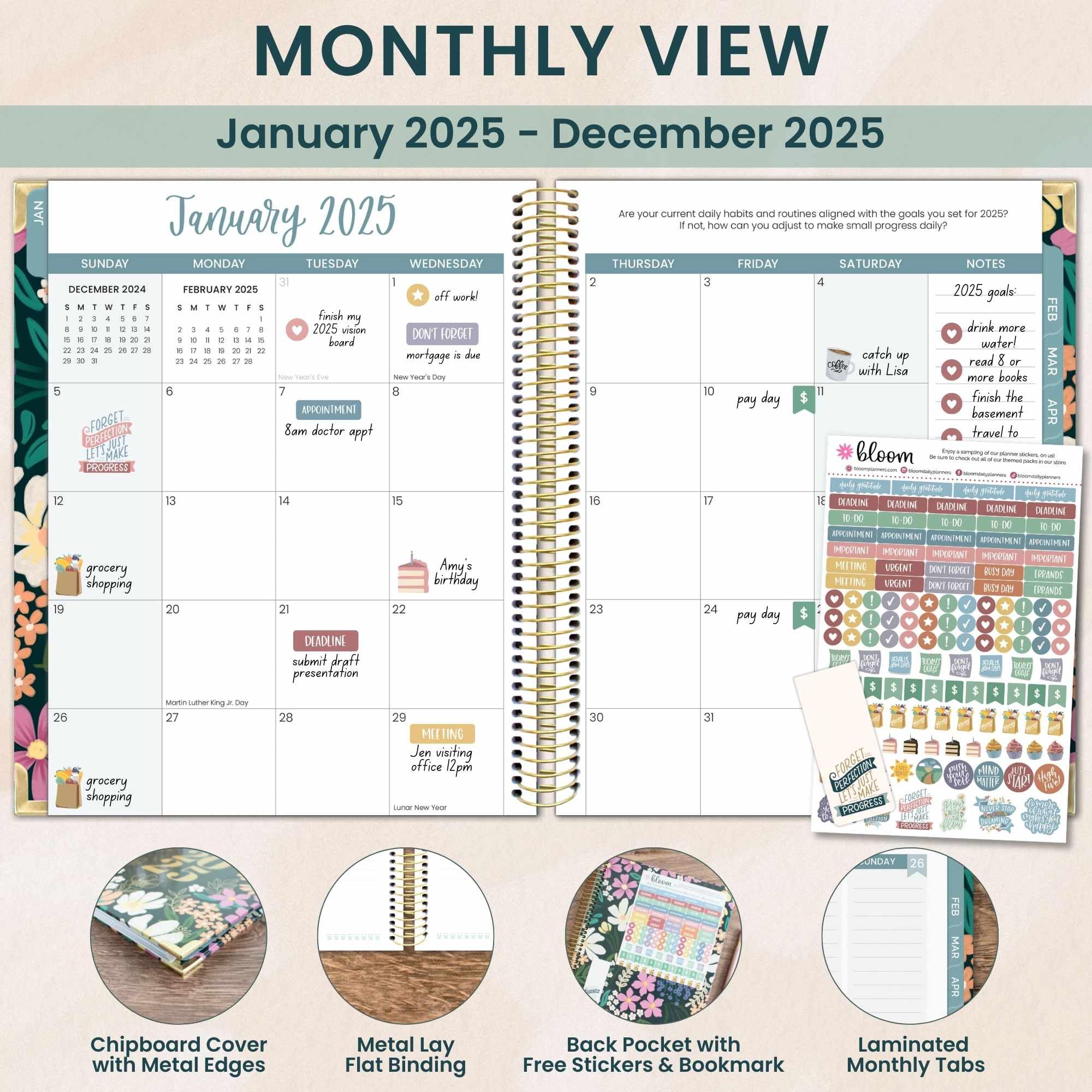 Bloom Daily Planners 2025 - Hardcover Goal & Vision Planner with Monthly/Weekly Views (Jan-Dec 2025) - 7.5