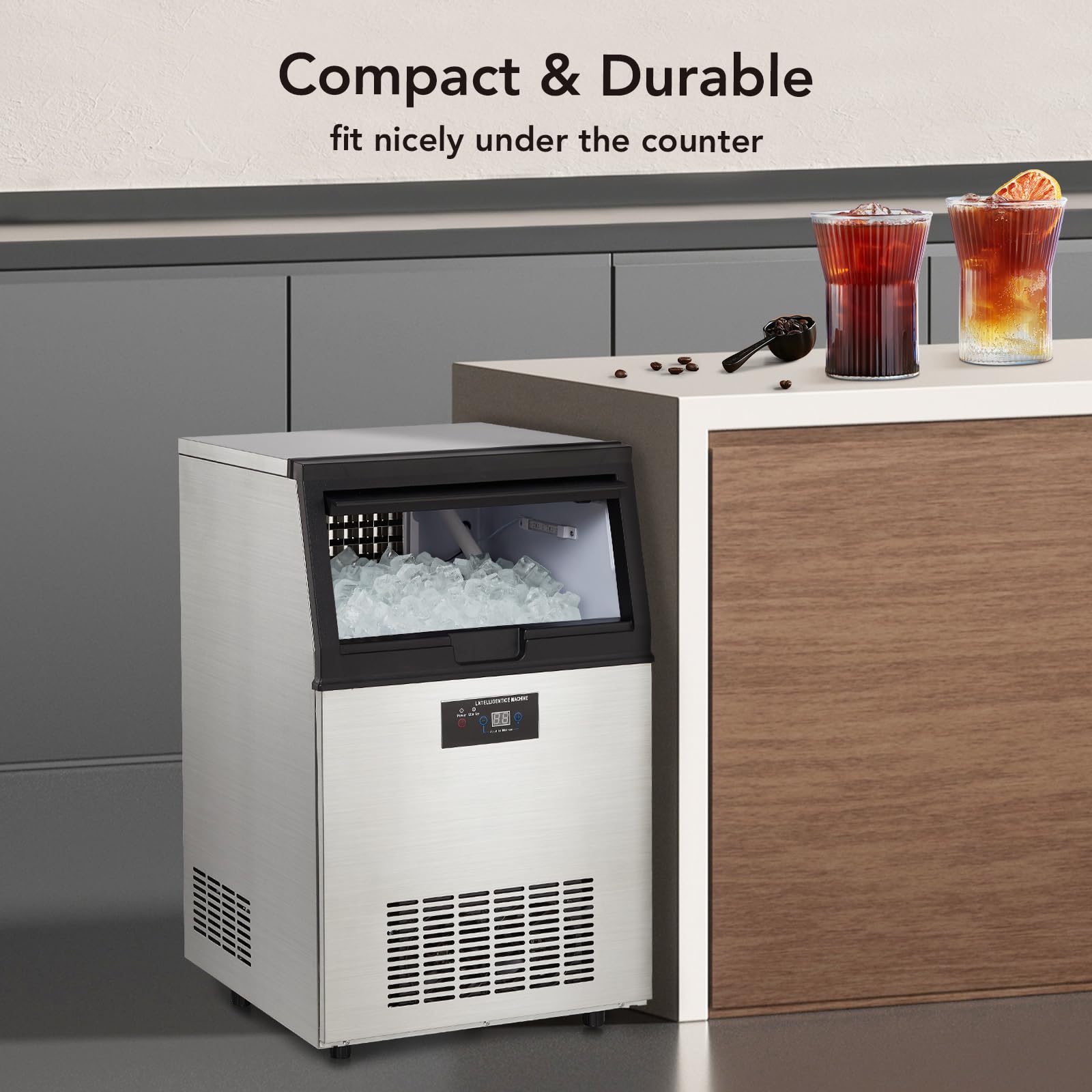 Commercial Ice Maker Machine 90lbs/24H, Stainless Steel Under Counter Ice Machine with 30lbs Storage - Freestanding Ice Maker (4x8 Ice Cubes) for Restaurants, Bars, Cafes & Home Use