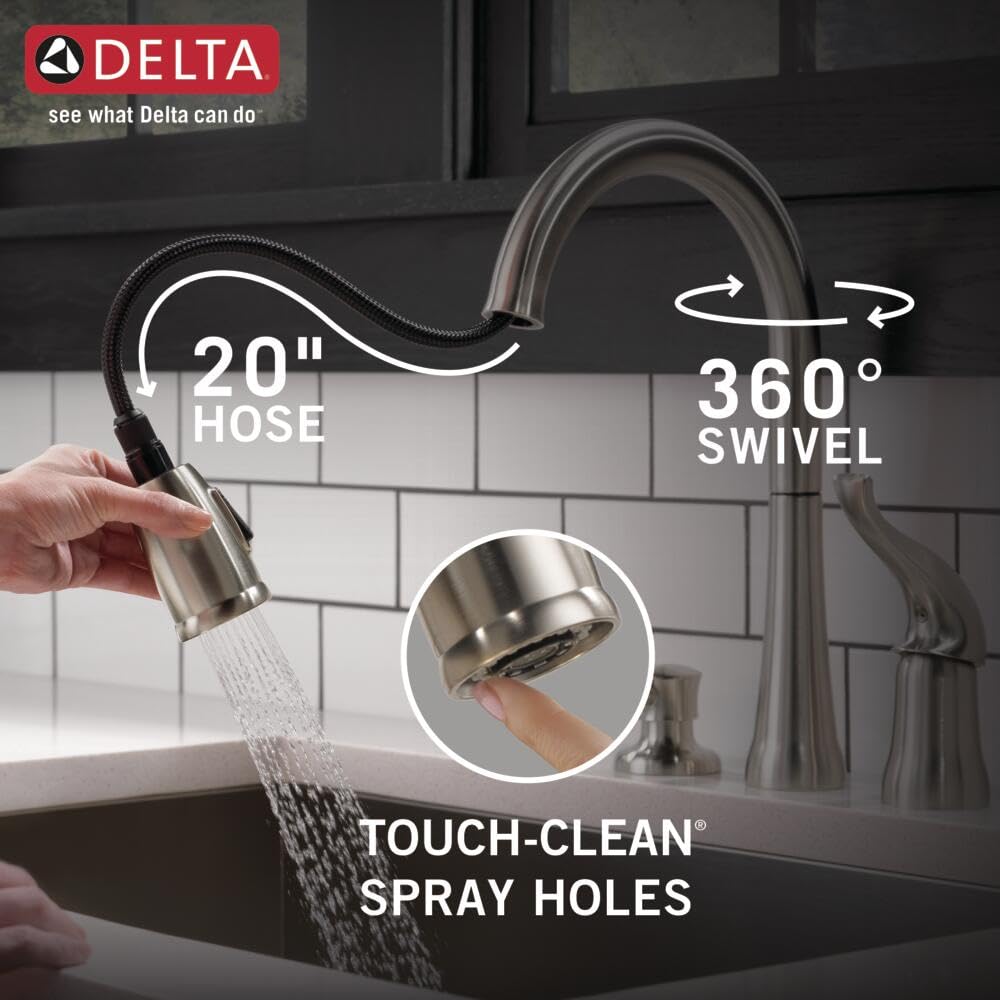 Delta Kate Brushed Nickel Pull Down Kitchen Faucet with Sprayer & Soap Dispenser - Modern Stainless Steel Sink Faucet for Home & Restaurant Kitchens (Model 16970-SSSD-DST) - Perfect for Washing Dishes, Filling Pots & Cleaning Countertops