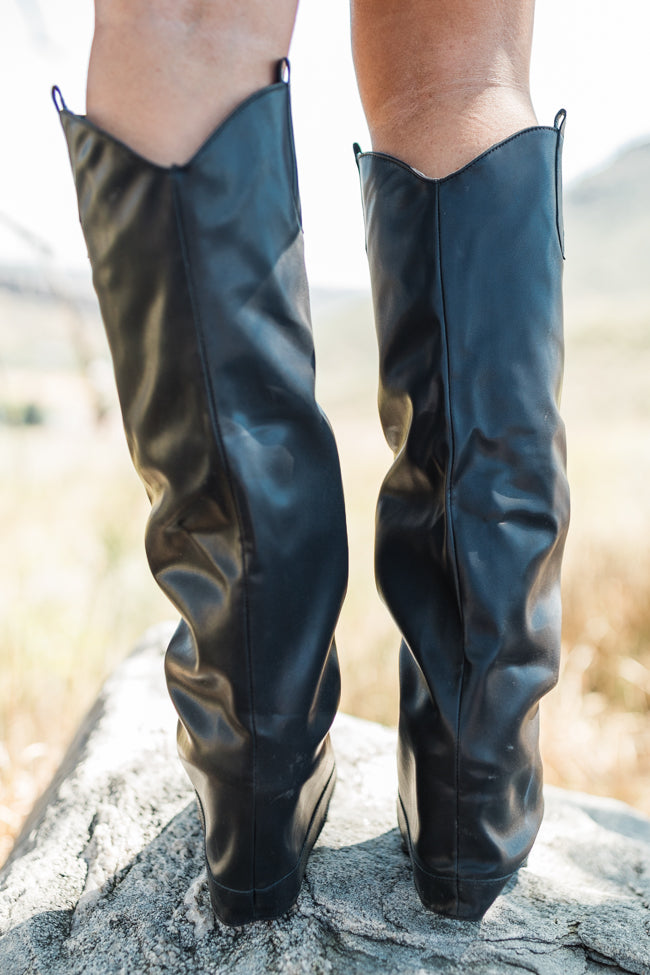 Heather Black Leather Fold Over Boots for Women - Stylish Knee High Boots with Side Zipper - Perfect for Fall, Winter & Casual Outfits