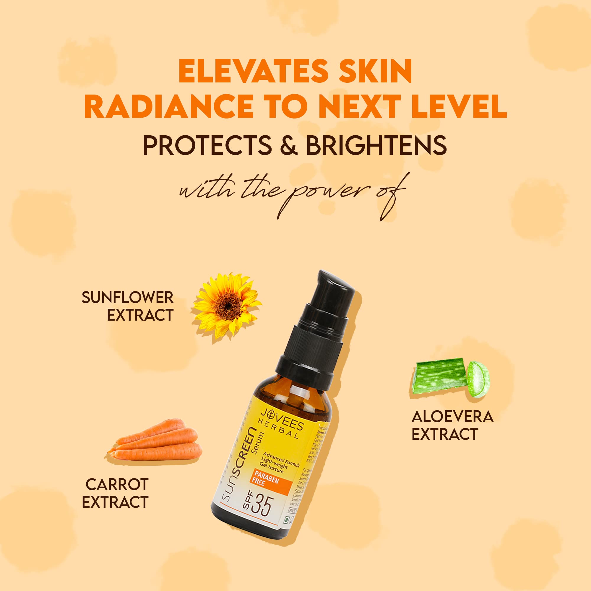 Jovees Herbal Sunscreen Face Serum SPF 35 with Aloe Vera, Carrot & Sunflower Extract - Lightweight Gel Formula for Sun Protection - 30ml for Oily & Acne-Prone Skin - Perfect for Daily Use, Outdoor Activities & Beach Trips