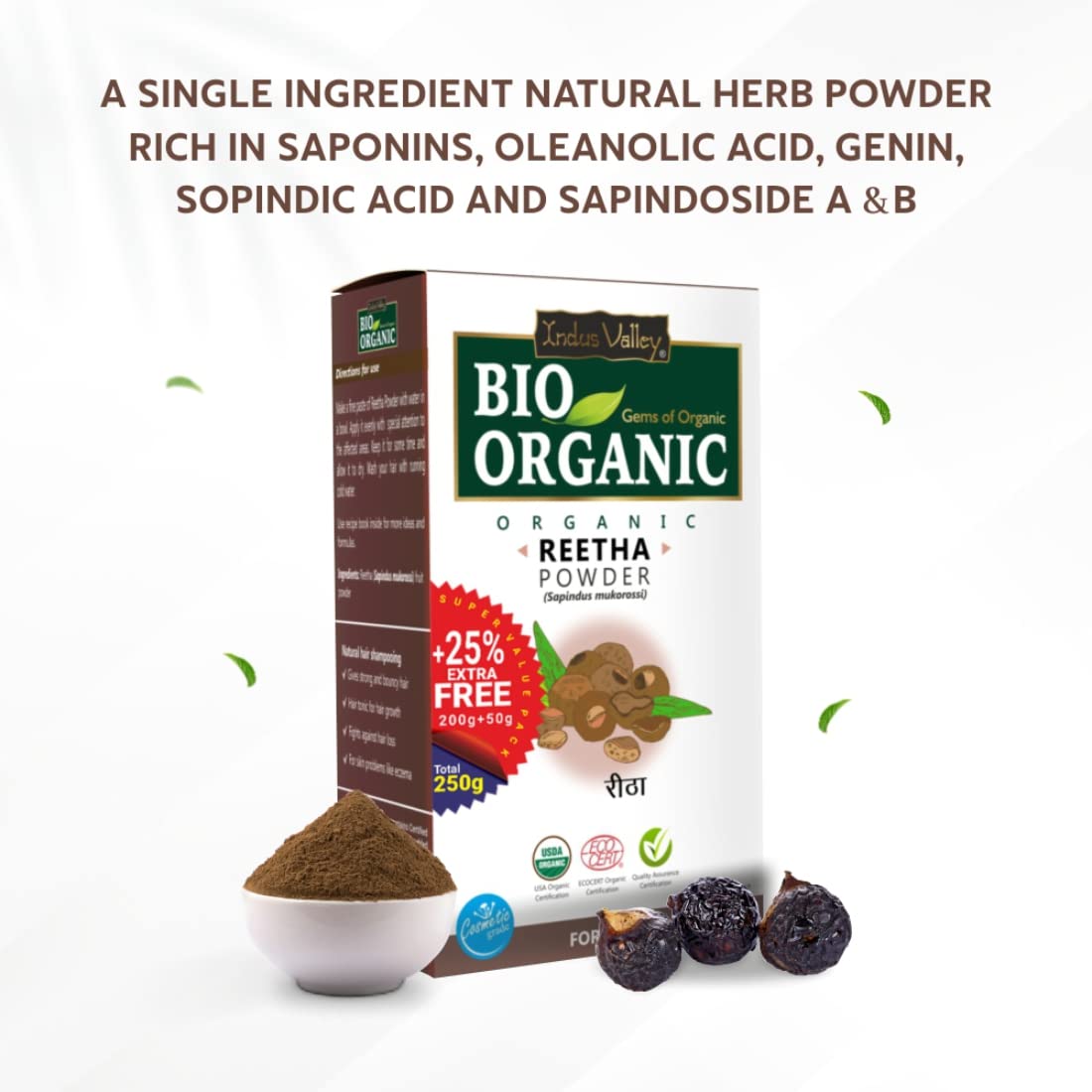 INDUS VALLEY Bio Organic Reetha Powder (Sapindus mukorossi) | 100% Organic & Chemical Free Skin Cleanser | 200g + 50g Free | Natural Hair & Body Wash for Sensitive Skin | Perfect for DIY Beauty & Ayurvedic Skincare