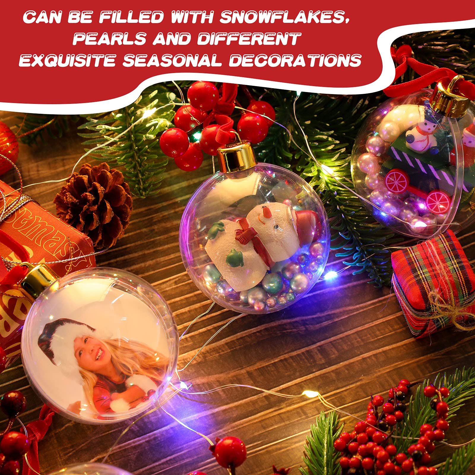 6 Pack Clear Plastic Photo Ornament Balls - DIY Personalized Christmas Decorations with Hanging Hooks for Tree, Gifts, and Home Holiday Decor