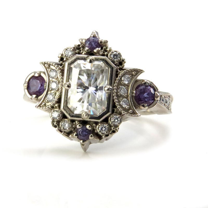 Emerald Cut Selene Moon Goddess Engagement Ring - 14k Palladium White Gold with Moissanite, Diamond & Chatham Alexandrite | Elegant Wedding Jewelry for Brides & Proposals