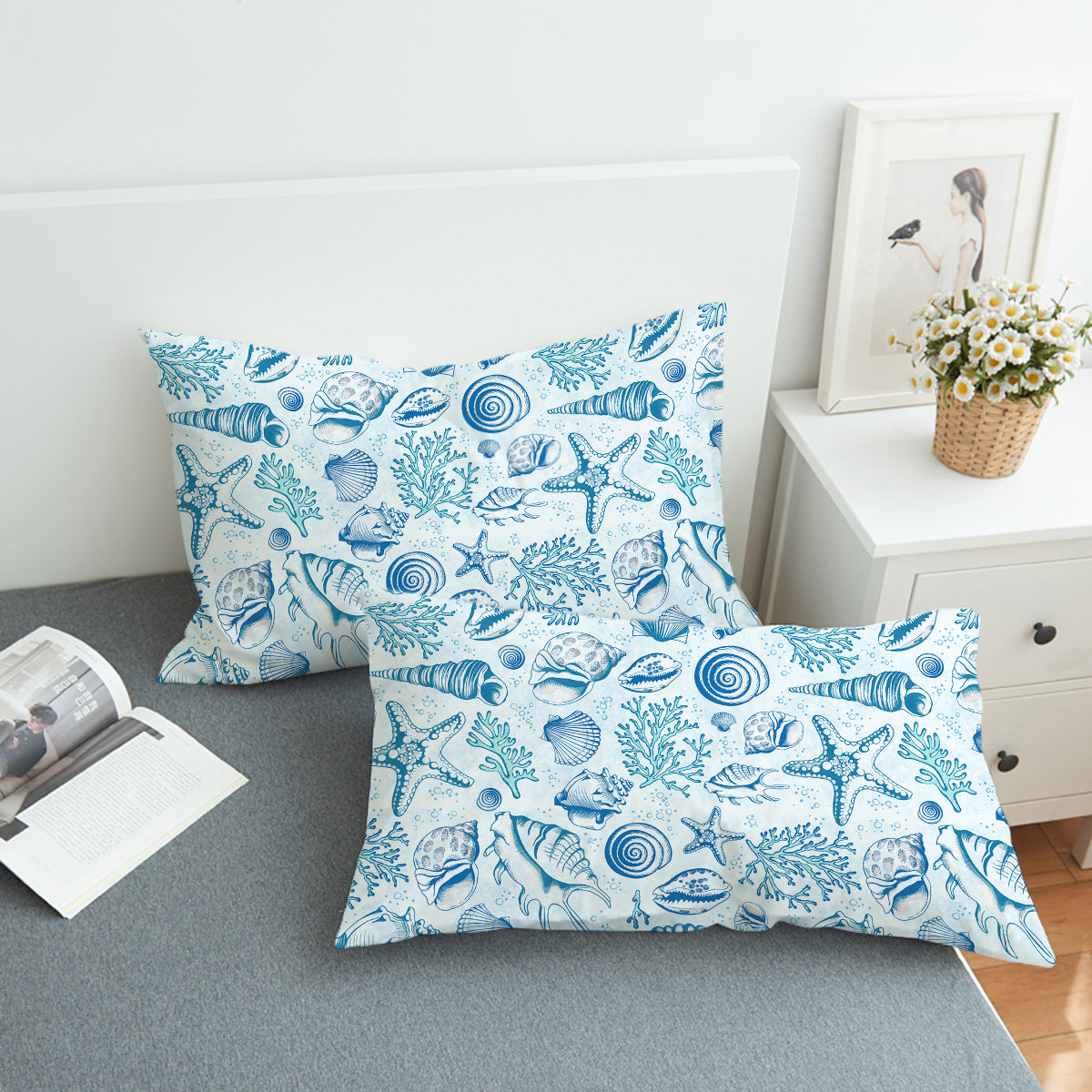 Blue Seashells Duvet Cover Set King Size - Ocean Theme Coastal Bedding - 3 Piece Luxury Soft Microfiber Comforter Cover with Pillow Shams - Perfect for Beach House, Guest Room & Coastal Decor