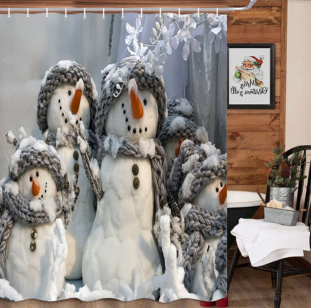 Funny Retro Christmas Snowman Shower Curtain - Waterproof Polyester Fabric Bath Curtain with Hooks, Cute Winter Holiday Bathroom Decor for Kids (Gray) - Perfect for Xmas Bathroom Decorations & Festive Home Styling