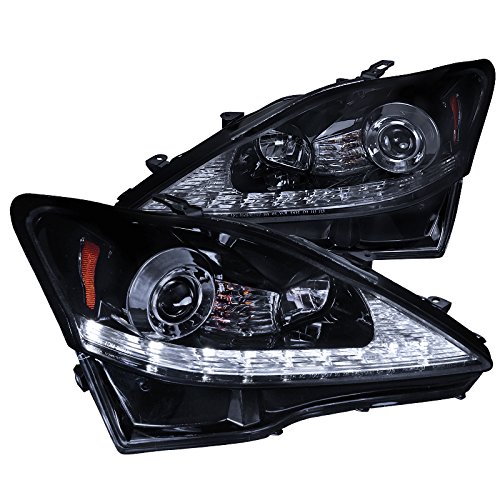 Glossy Black LED DRL with Signal Strip Projector Headlights - Compatible with Lexus IS250 2006-2013 - High Performance Replacement Headlights for Night Driving & Enhanced Visibility