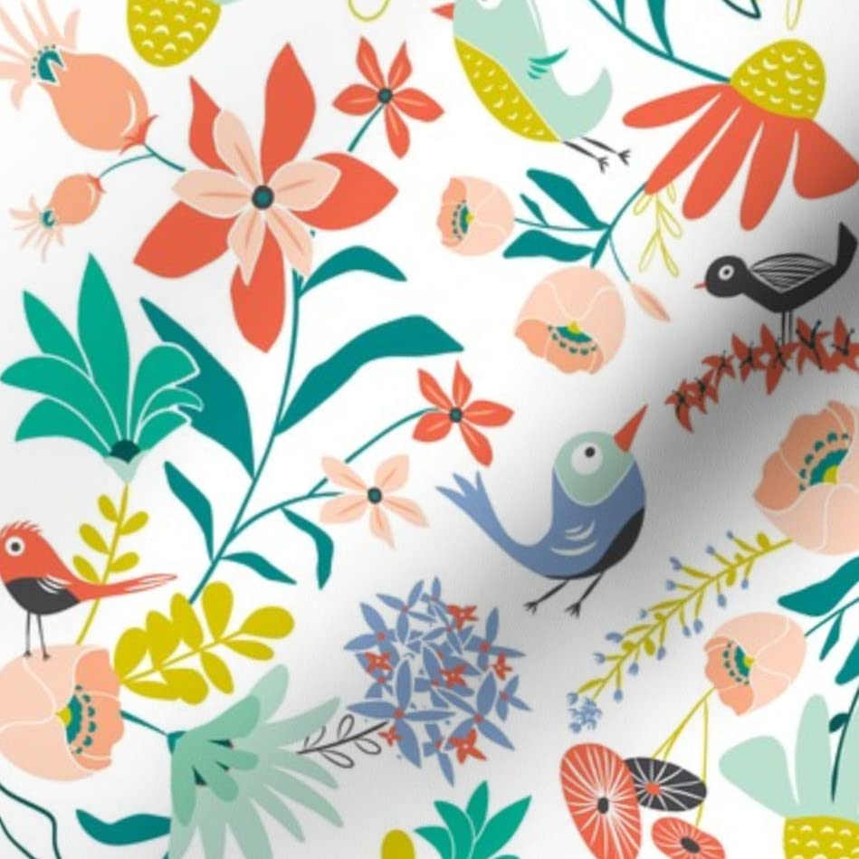Garden Bird Floral Printed Minky Fabric Fat Quarter - Soft Plush Fabric for Sewing Baby Blankets, Quilt Backing & DIY Crafts - Spring Summer Chintz Design for Nursery Decor & Home Textiles