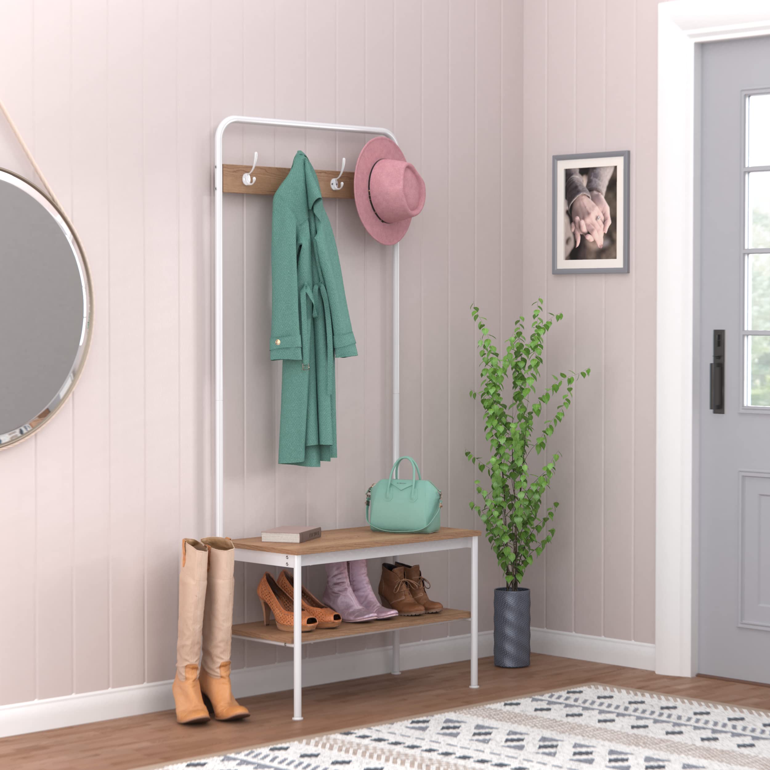 ClosetMaid Hall Tree with Shoe Bench - 4 Hooks & Storage Shelf - Coat Rack for Entryway - Wheat & White Metal - Perfect for Mudroom, Foyer & Home Organization