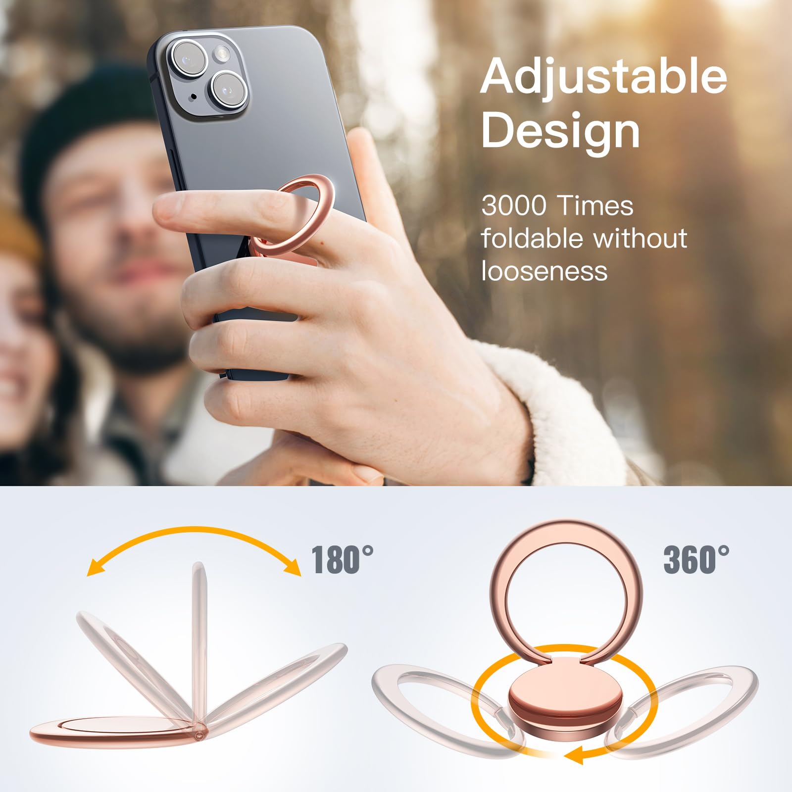 JETech 360° Rotating Metal Phone Ring Holder - Adjustable Finger Grip & Magnetic Car Mount Stand - Compatible with iPhone, Galaxy, Pixel & Most Smartphones (Rose Gold) - Perfect for Driving, Watching Videos & Hands-Free Use