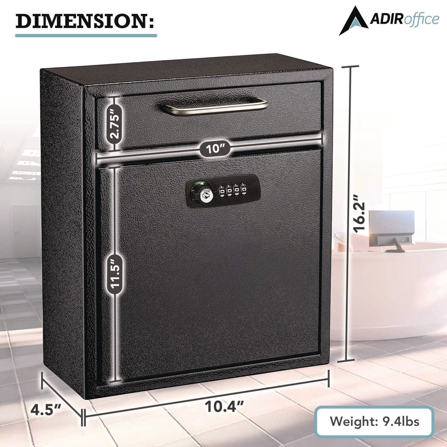 AdirOffice Medium Secure Drop Box - Wall Mounted Locking Mailbox with Key & Combination Lock (10.51 x 4.72 x 12 Inches, Black) - Perfect for Home, Office & Apartment Mail Security