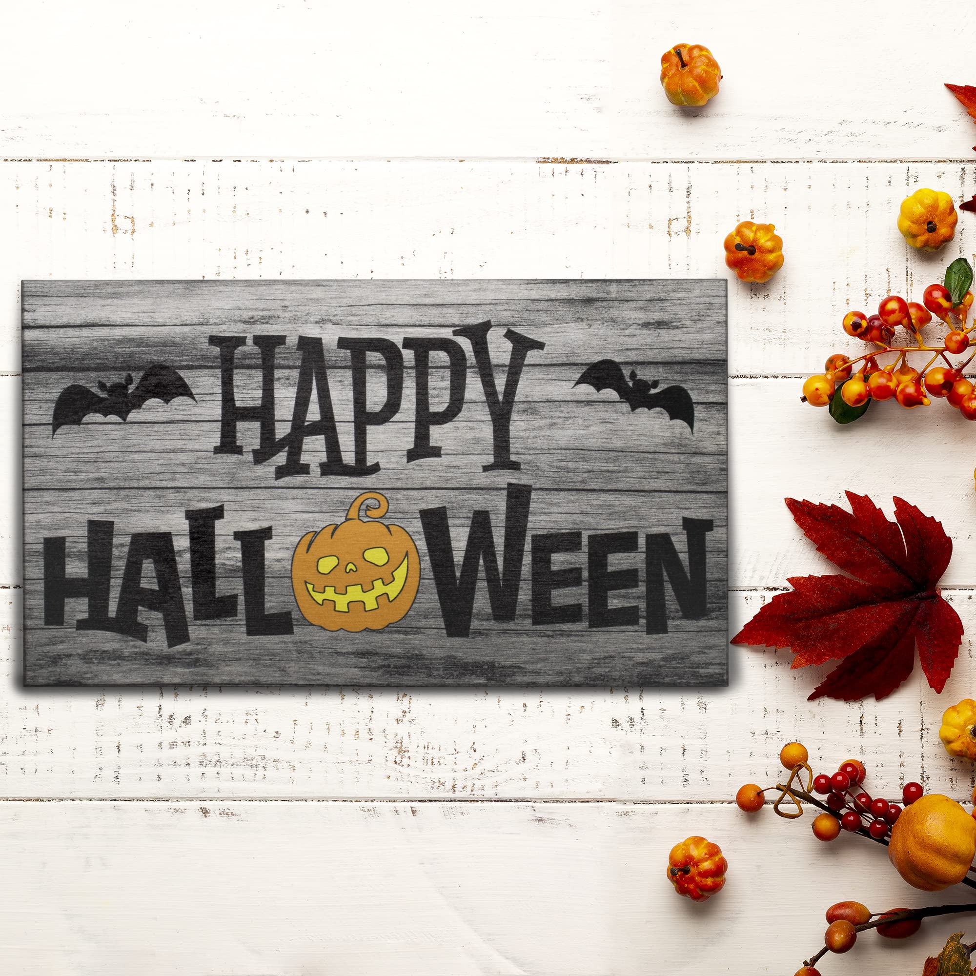 JennyGems Halloween Wooden Sign - Happy Halloween Indoor Decor with Bats & Pumpkin Design - Made in USA - Perfect for Halloween Party, Home, Porch & Table Decoration