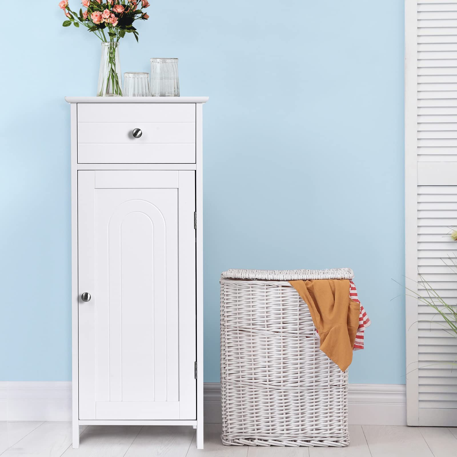 GOFLAME Freestanding Bathroom Storage Cabinet - White Wooden Organizer with Large Drawer & 7-Position Adjustable Floating Shelves | Perfect for Bathroom, Living Room & Bedroom Storage Solutions