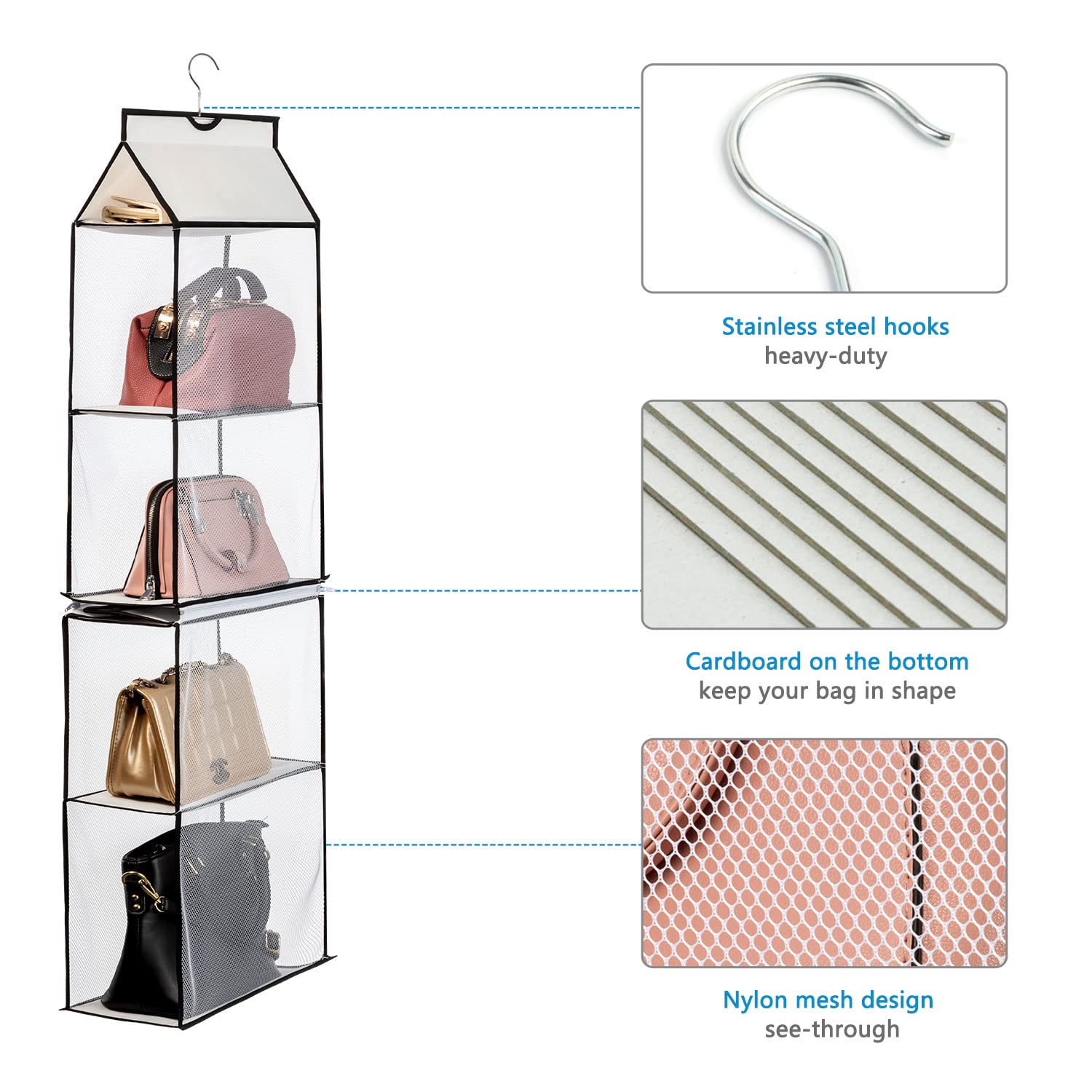 4-Tier Mesh Hanging Purse Organizer for Closet - Space-Saving Handbag Storage Bag with Durable Shelves (White, 2-Pack) - Perfect for Bedroom, Walk-in Closet & Dorm Organization