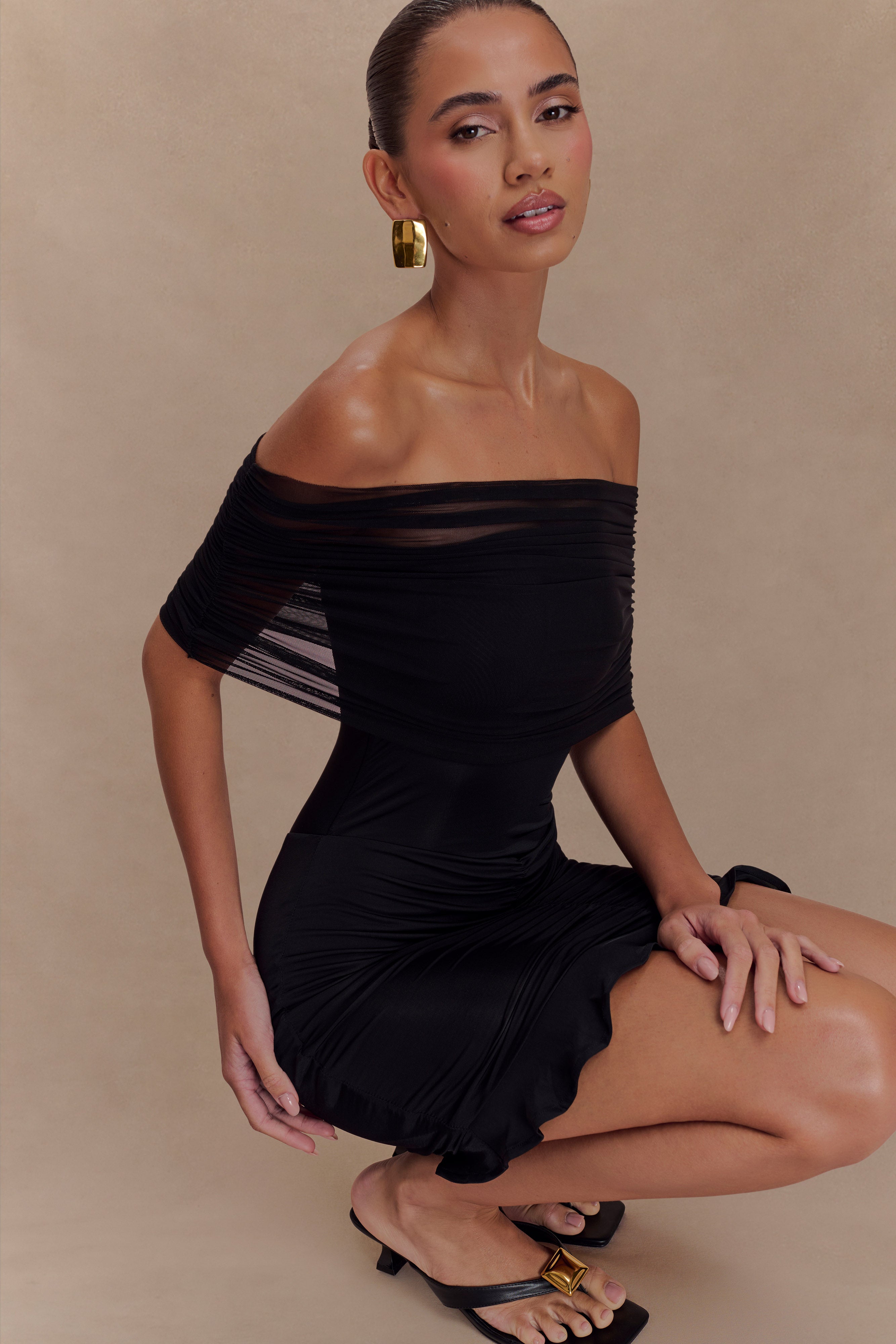 Caspian Slinky And Mesh Off Shoulder Mini Dress - Black | Sexy Bodycon Party Dress for Women | Perfect for Night Out, Club, Date Night, and Special Occasions