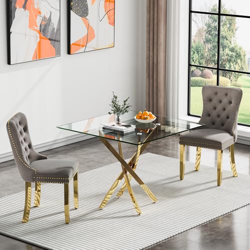 Gold Square Table With 2 Grey Chairs