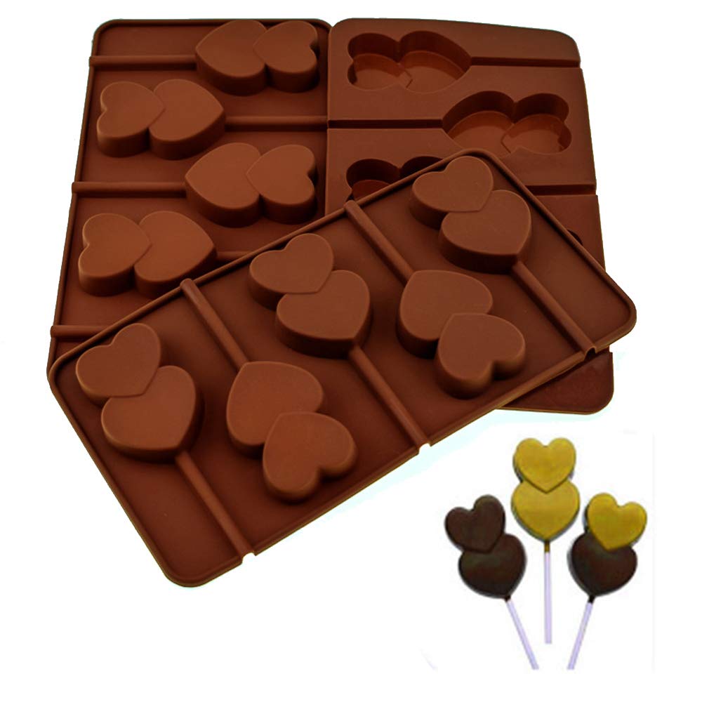 3PCS Double Heart Shape Silicone Mold - 5 Holes Cake Pop, Chocolate, Jelly, Ice Cube Tray for Valentine's Desserts | DIY Candy, Pudding, Cupcake Making | Perfect for Home Baking, Cafe & Bakery Use (Brown)