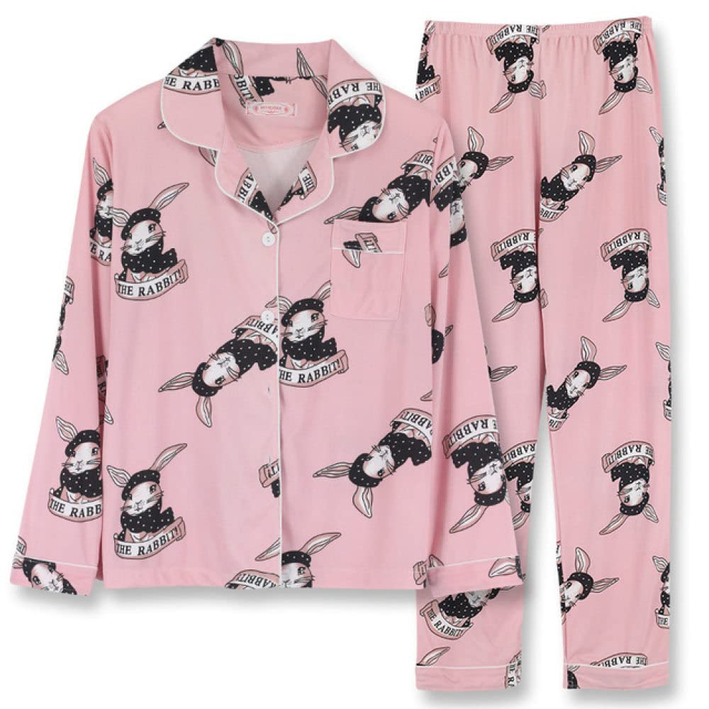 Women's Long Sleeve Pajama Set - Floral Lapel Cardigan & Wave Print Pants for Spring/Autumn - Cozy Sleepwear & Loungewear for Home Relaxation & Nighttime Comfort