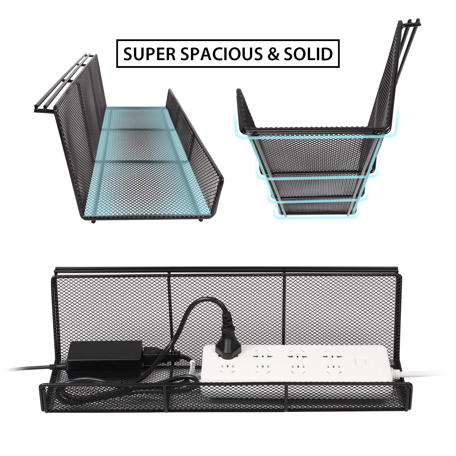 Univivi 17-Inch Under Desk Cable Management Tray - 2 Pack Black Mesh Metal Wire Organizer for Office & Home | Perfect for Standing Desks, Computer Workstations & Home Office Setup