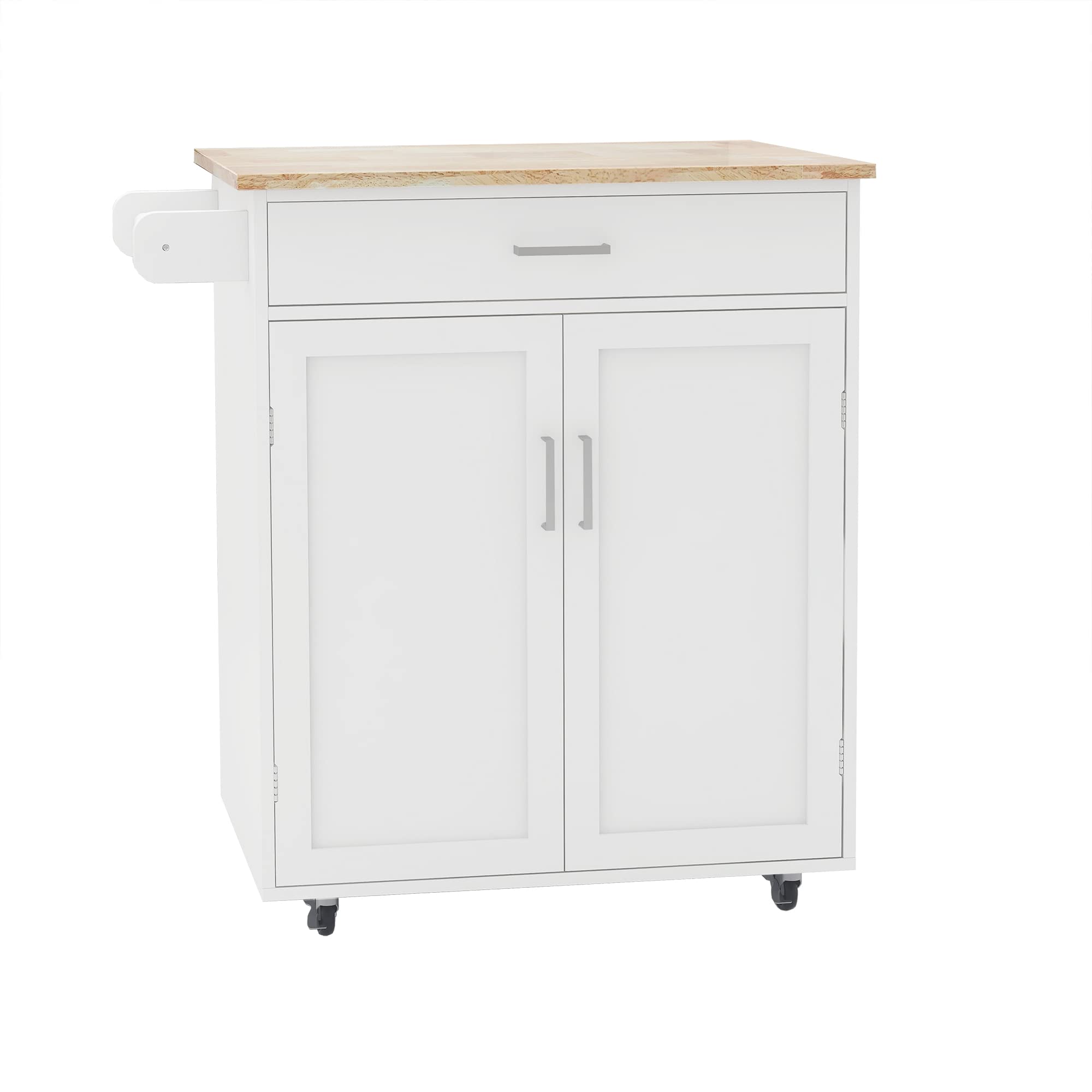 PILITO Kitchen Island Cart with Large Drawer & Towel Rack - Mobile Wooden Storage Trolley with Rubber Wood Tabletop & Solid Wheels - White Kitchen & Dining Room Furniture for Small Spaces & Apartment Living