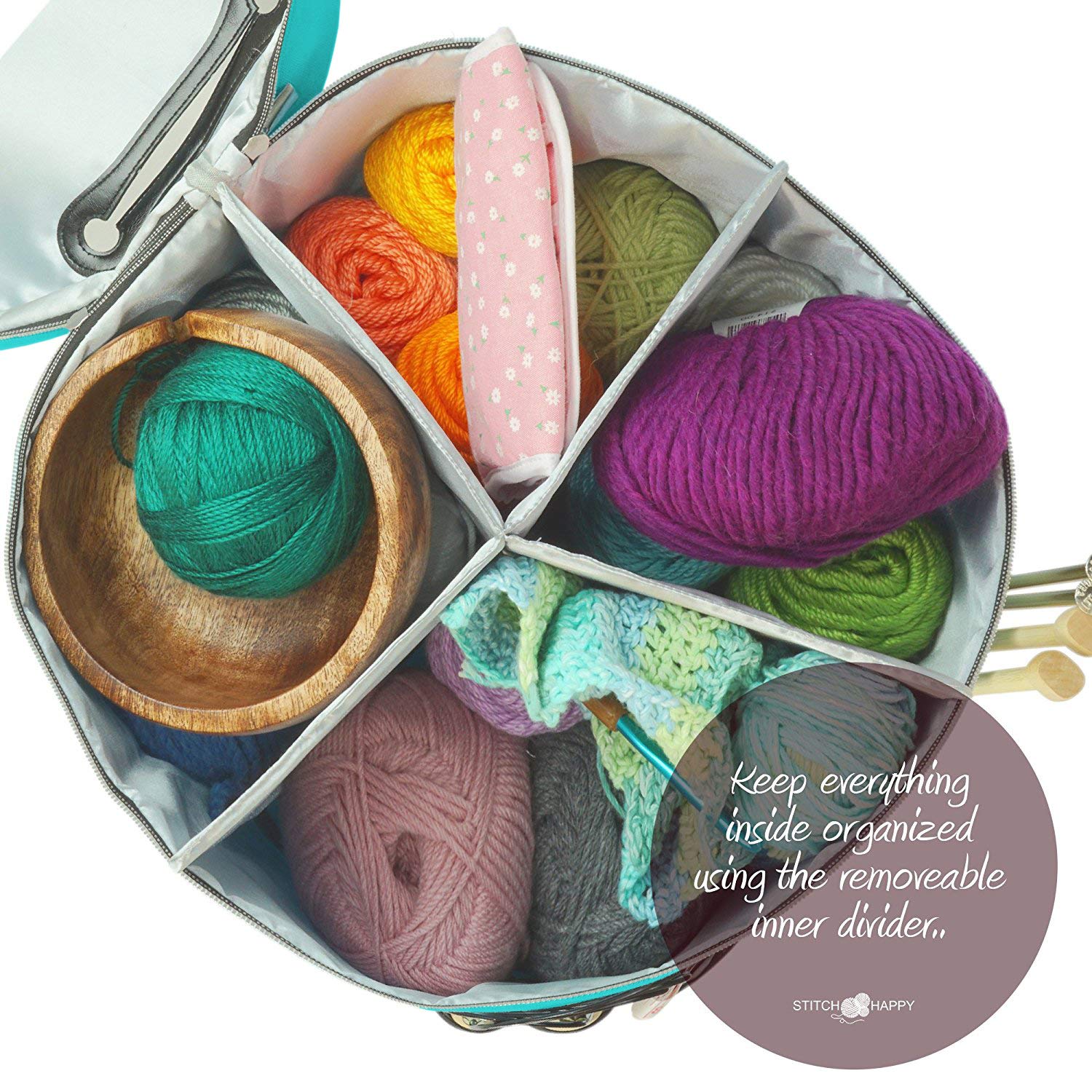XL Knitting Bag with 7 Pockets - Peacock Design Yarn & Crochet Storage Organizer for Crafters | Perfect for Needlework, Knitting Projects & Travel Accessories
