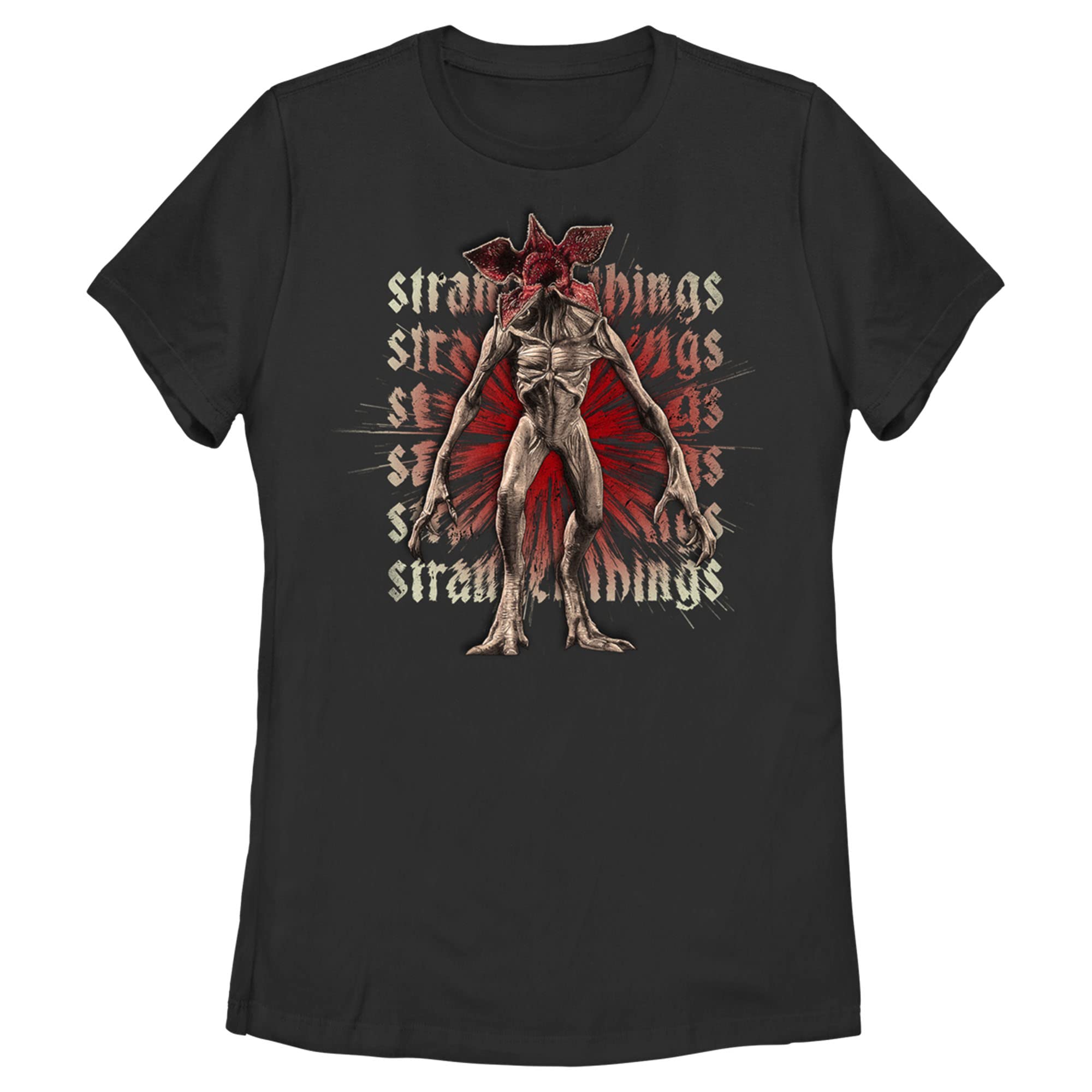 Women's Stranger Things Demogorgon Monster Logo Graphic Tee | Vintage Inspired Stacked T-Shirt | Casual Wear for Fans & TV Show Lovers