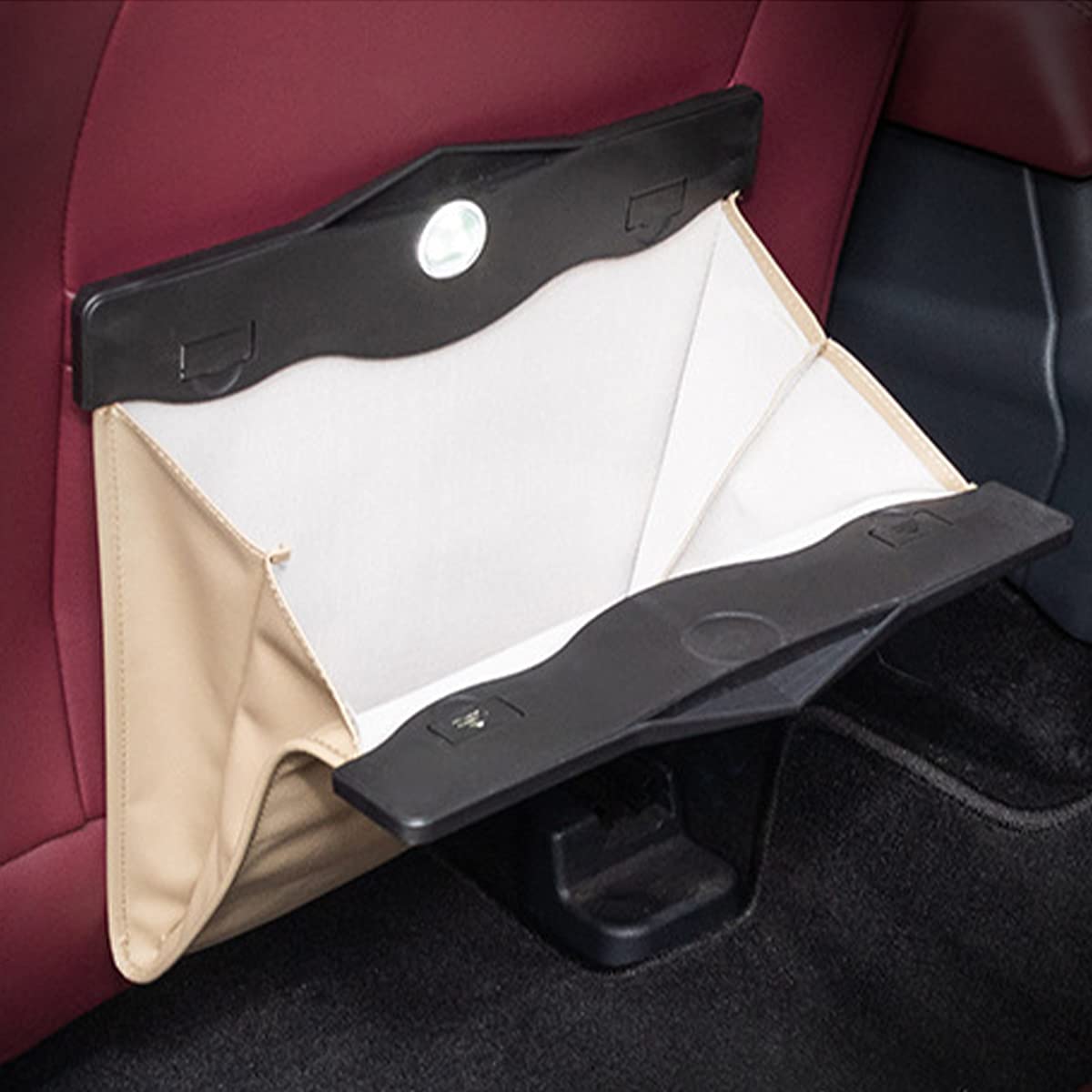 Premium Car Leather Trash Bag with Smart LED Light - Waterproof Vehicle Garbage Can & Organizer for Sedan, SUV, Truck - Ideal for Road Trips, Commuting & Family Travel (Caki)