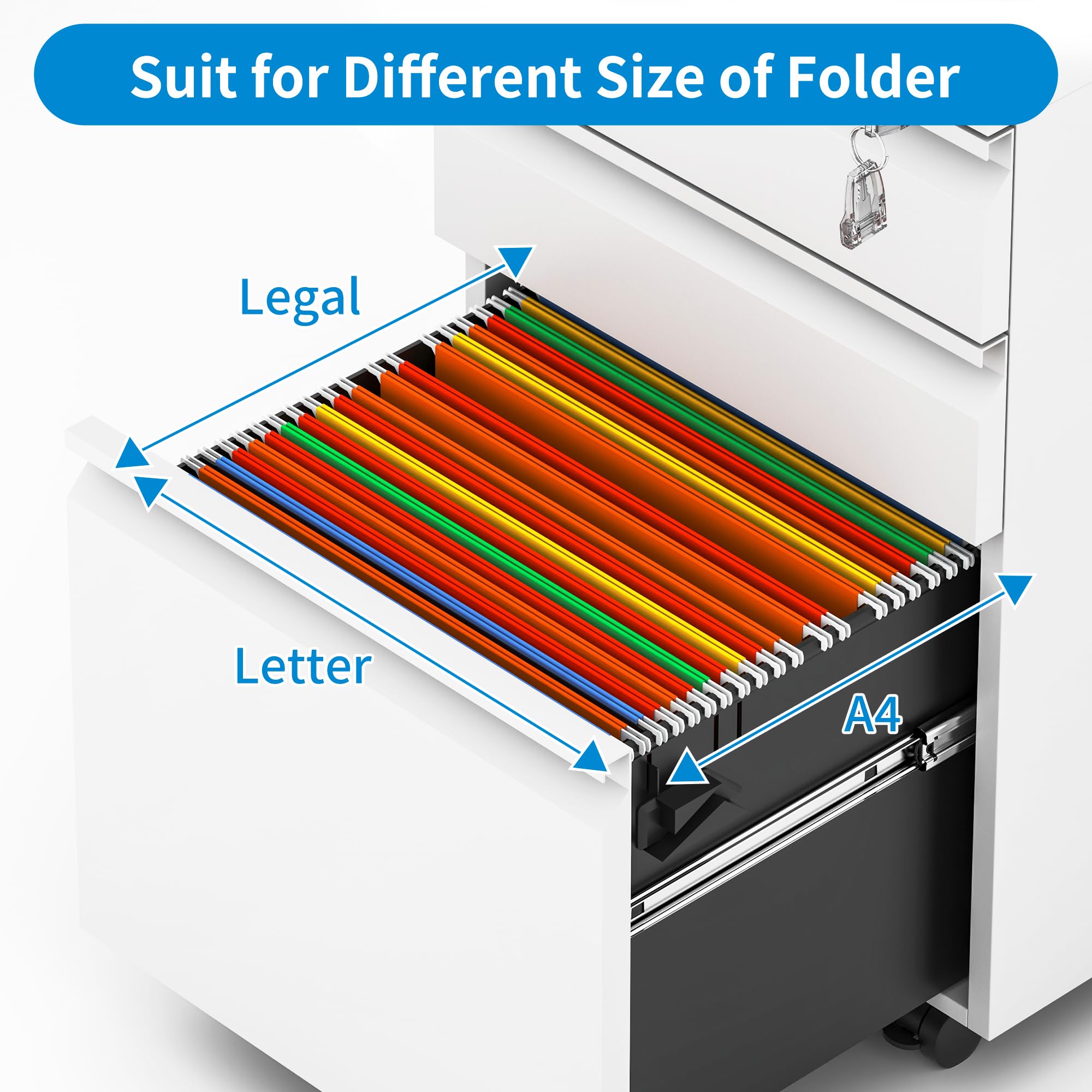 3-Drawer Mobile File Cabinet with Wheels - White Metal Under Desk Vertical Filing Cabinet with Lock, Fully Assembled for Home & Office - Fits Letter, Legal & A4 Size Folders - Perfect for Small Spaces & Organized Workspaces