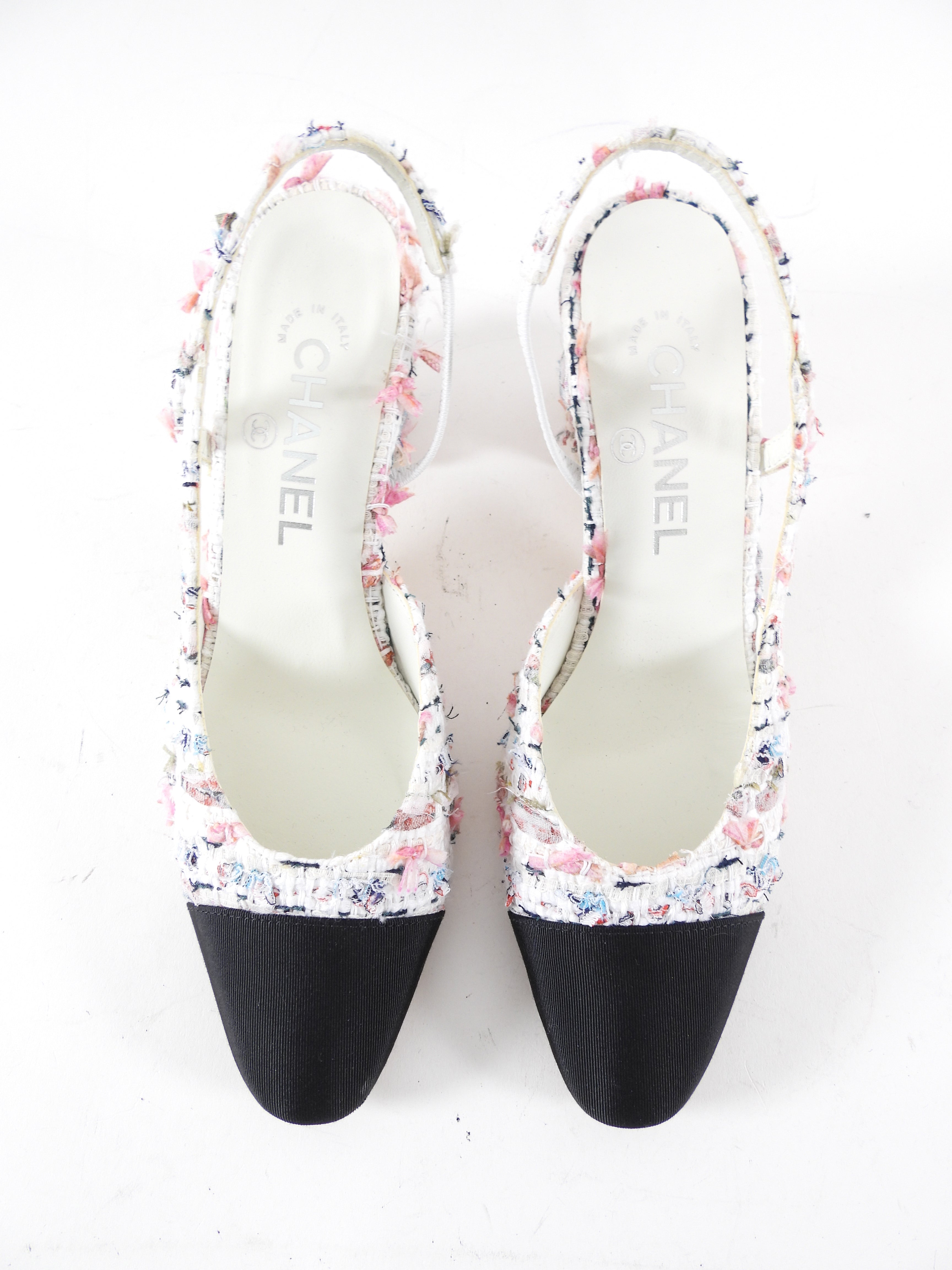 Chanel 2023 Pink and White Tweed Cap Toe Slingback Heels Size 37 - Women's Luxury High Heel Pumps for Parties, Weddings & Special Occasions