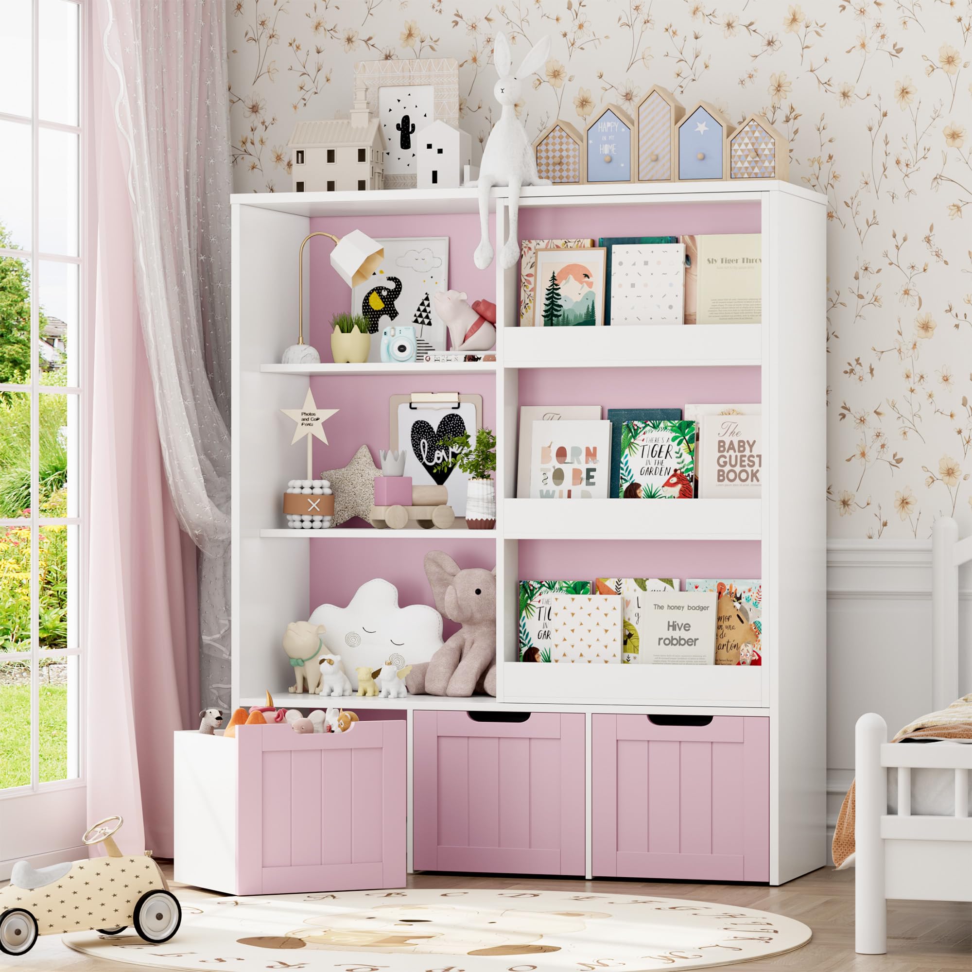 FOTOSOK Kids Toy Storage Organizer with Sliding Bookshelf - 3 Movable Drawers & 6 Storage Cubbies for Playroom, Bedroom, Nursery | Toy Organizer for Books, Toys, Games - Perfect for Playroom Organization & Kids Room Decor