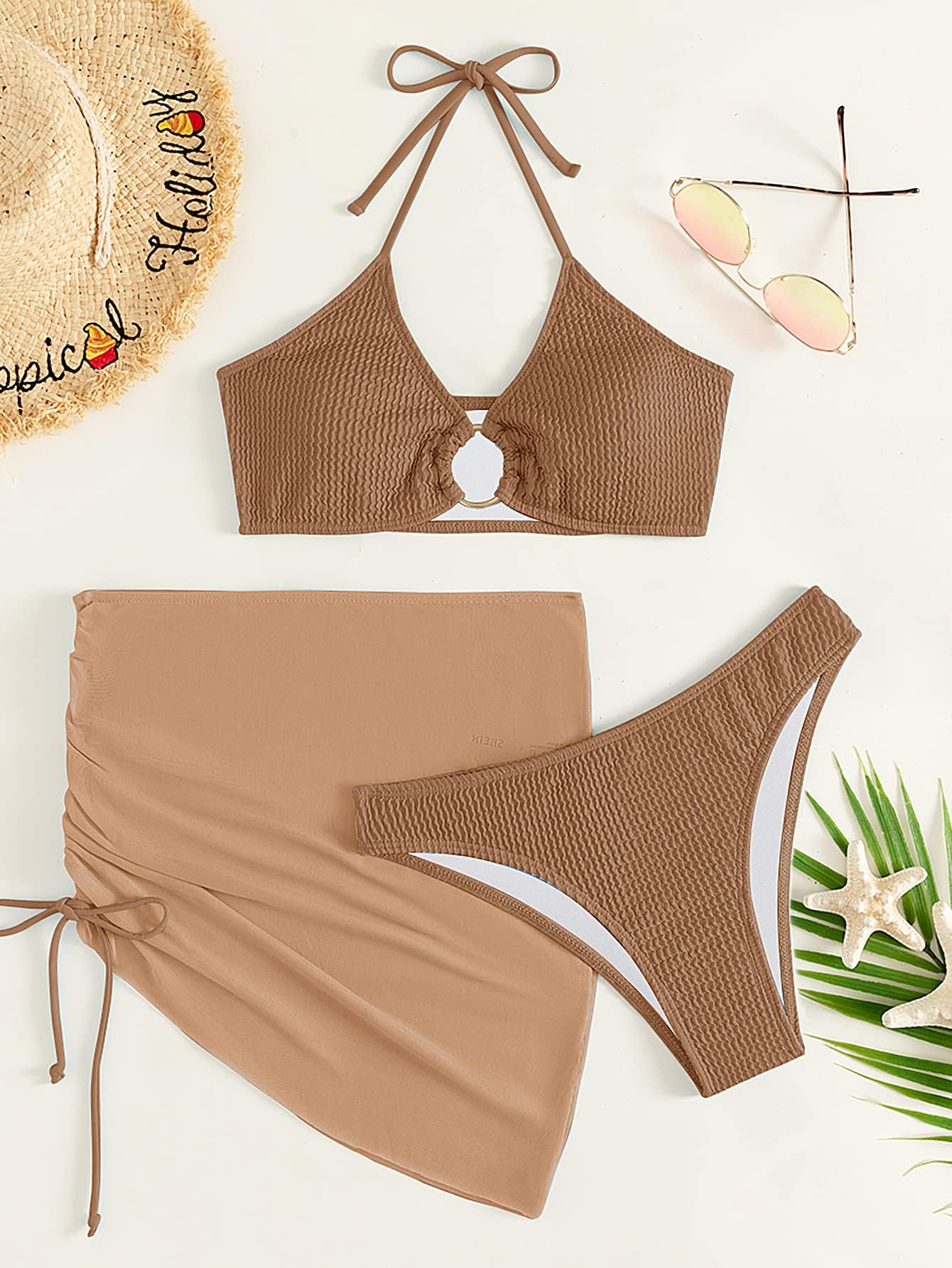 MakeMeChic Women's 3 Piece Halter Ring Bikini Set with Cover Up Skirts - Sexy Swimwear for Beach, Pool & Vacation