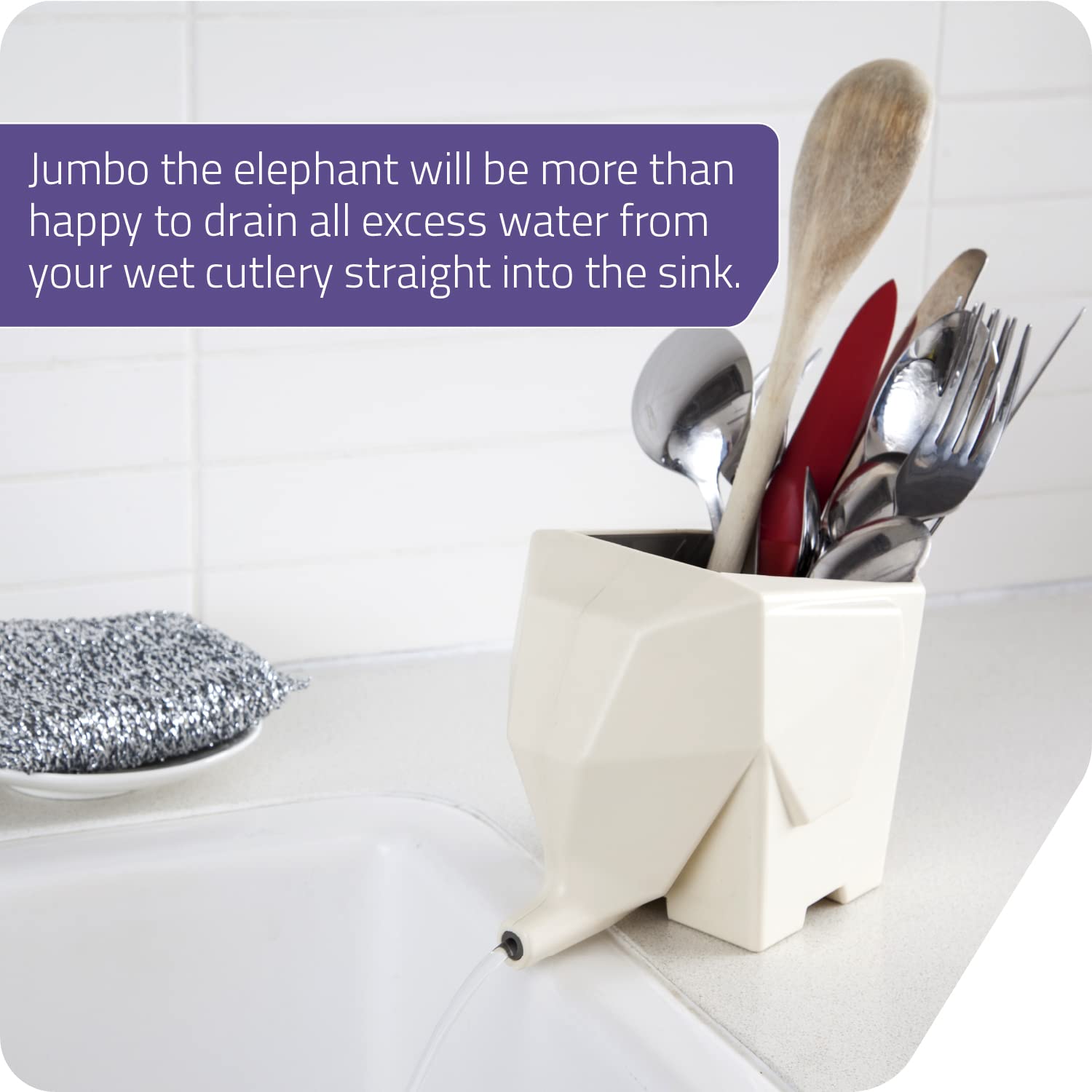 PELEG DESIGN Jumbo Elephant Cutlery Holder - Cute Plastic Drainer & Organizer for Sink, Utensils, Toothbrush Storage (Cream) | Kitchen Counter & Bathroom Decor Accessory