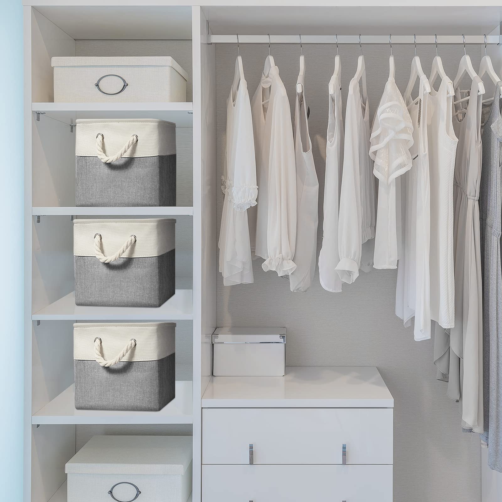 Geiserailie 6-Pack 11x11 Inch Foldable Fabric Storage Bins with Handles - Gray & White Cube Organizer for Closet, Nursery, Office & Home Organization