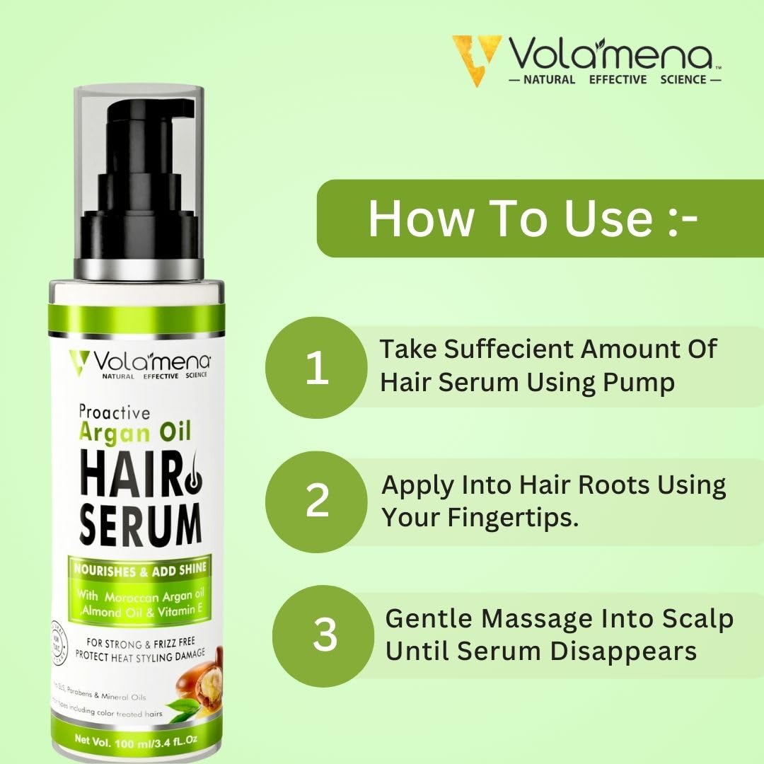 Volamena Proactive Argan Oil Hair Serum with Moroccan Argan Oil - 100ml for Dry & Damaged Hair - Men & Women - Nourishing Treatment for Frizz Control & Shine - Perfect for Daily Hair Care & Styling
