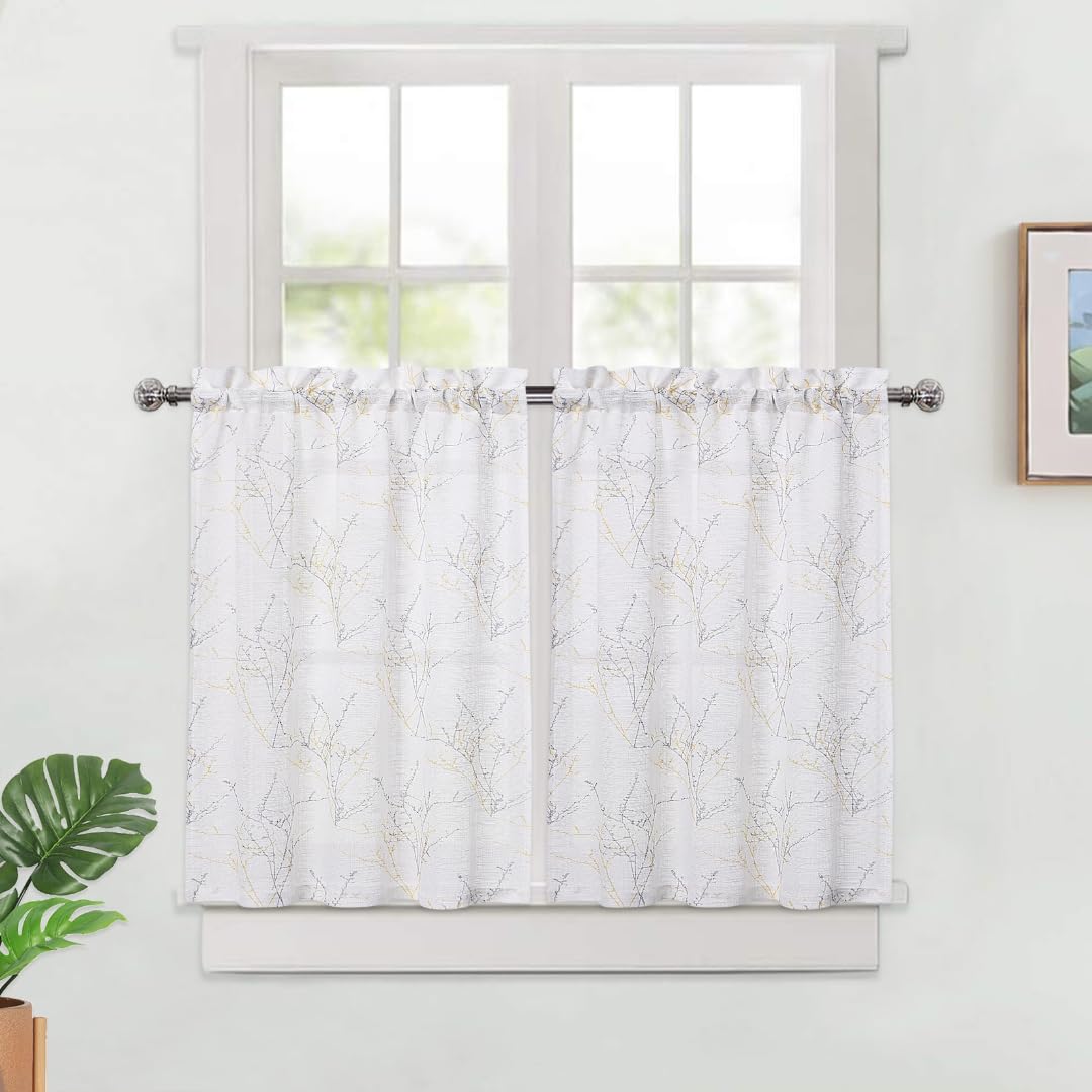 GAOMON Nature Tree Branch Kitchen Curtains - Farmhouse Style Floral Twig Café Curtains Set (2 Panels, 26x30 Inches) Light Filtering Window Treatment for Bathroom, Bedroom, Living Room & RV - White & Yellow - Perfect for Cozy Home Decor & Rustic Kitchen Windows