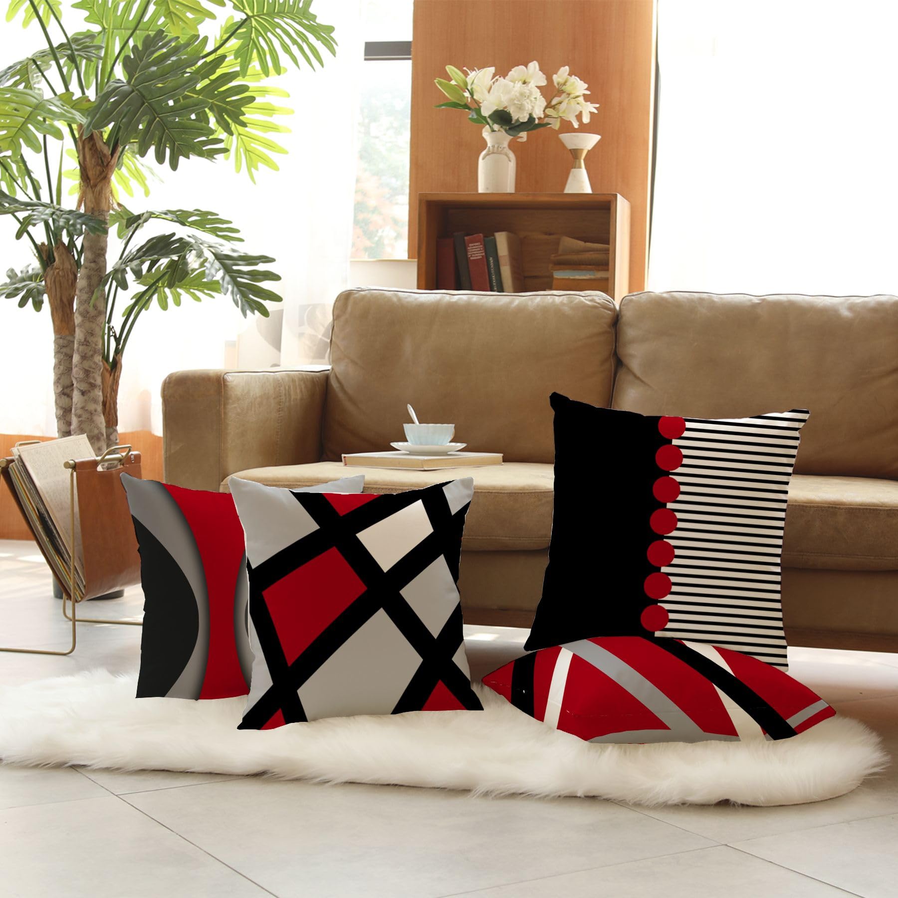 Red and Black Decorative Throw Pillows Set of 4 - 18x18 Inch Geometric Abstract Square Pillow Covers with Zipper for Sofa, Couch, Bed - Perfect for Living Room, Outdoor Patio & Home Decor