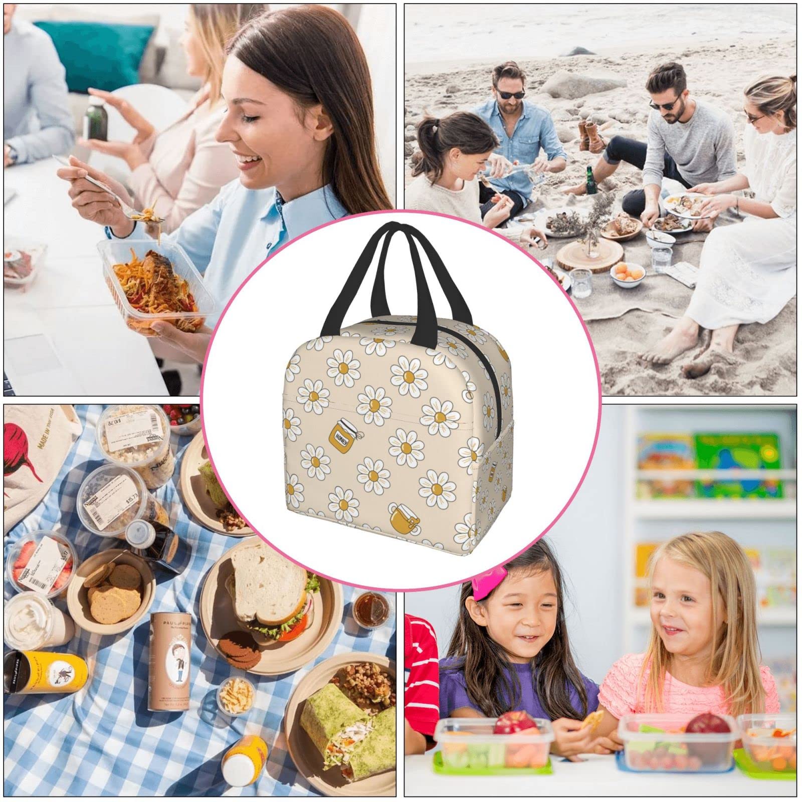 **Insulated Lunch Bag with Cute Daisy Print - Reusable & Leak-Proof Lunch Box for Work, School, Travel & Picnic - Portable Meal Container for Men & Women**    *(Perfect for office meals, school lunches, outdoor picnics, and travel snacks!)*