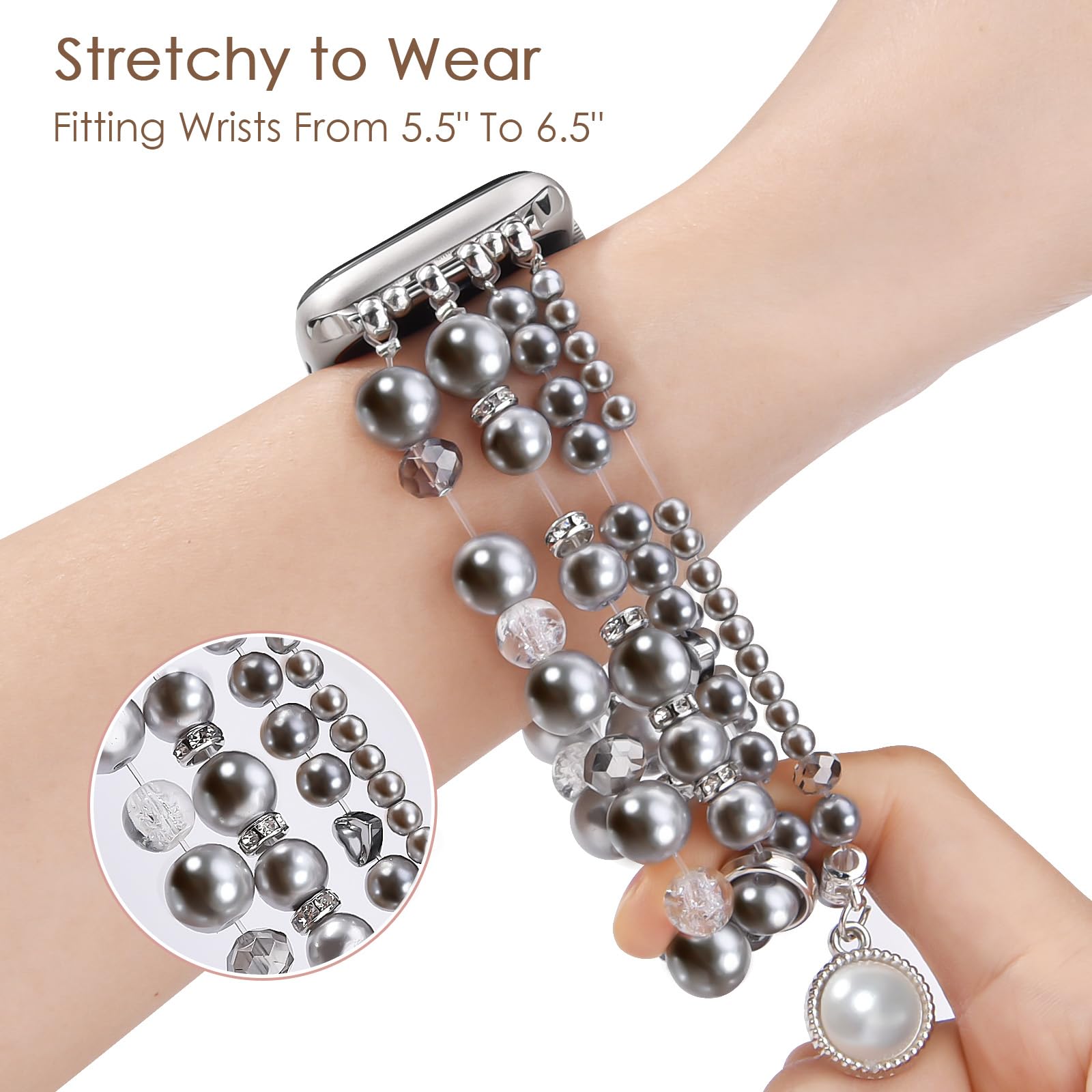 V-MORO Stretch Pearl Bracelet Compatible with Apple Watch 38/40/41/42/44/45mm - Elegant Rose Gold Watch Band for Women - Fashion Jewelry Strap for iWatch Series 9/8/7/6/5/4/3/2/1/SE - Perfect for Parties, Weddings & Office Wear
