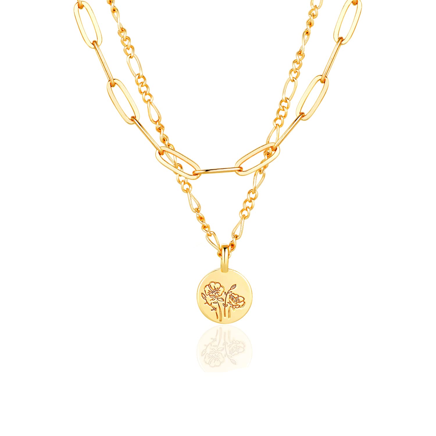 18K Gold Plated Custom Birth Flower Necklace for Women - Personalized Layered Paperclip Chain Floral Jewelry, Valentine's Day, Anniversary & Birthday Gifts for Her - Perfect for Everyday Wear, Special Occasions & Romantic Surprises
