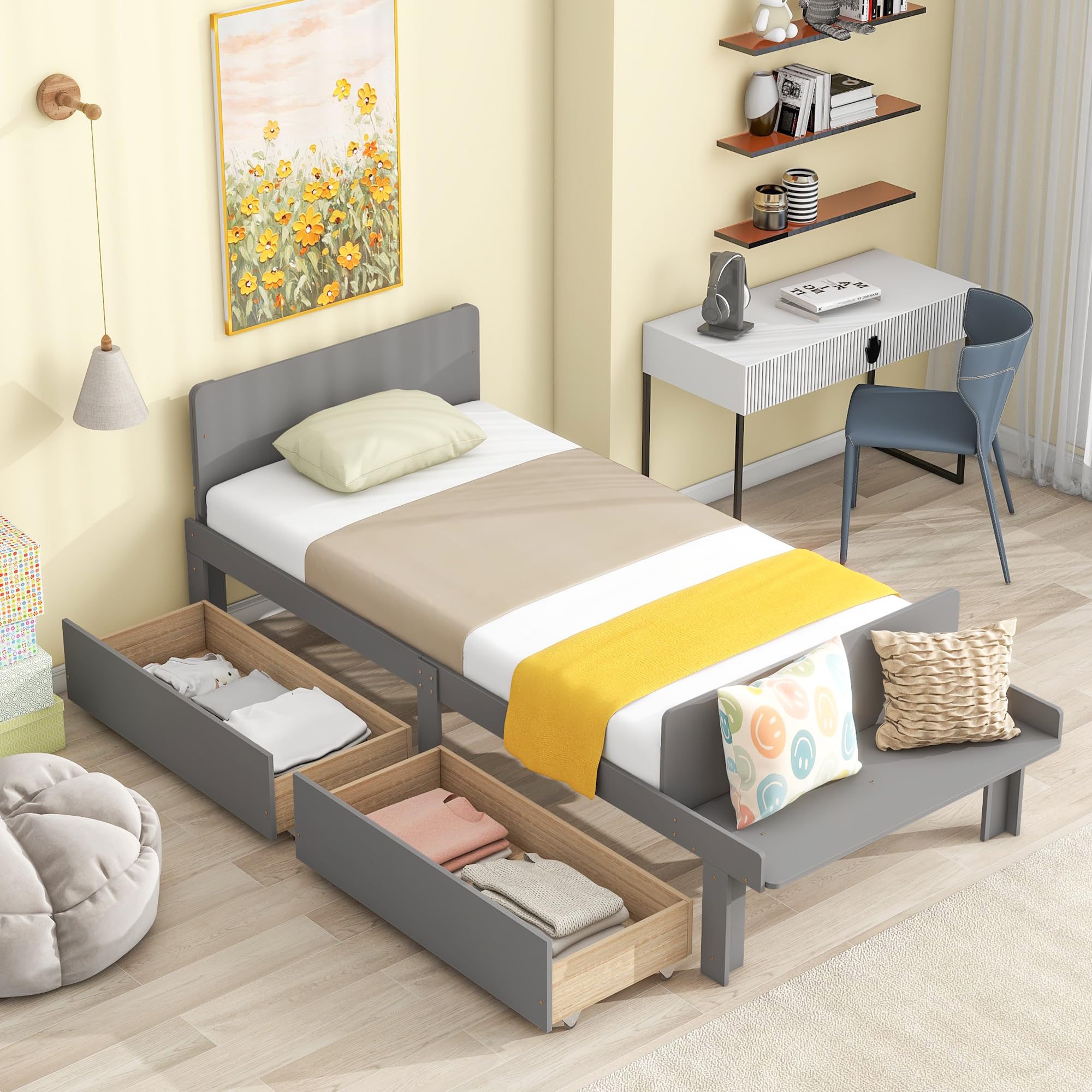 Dolonm Twin Bed Frame with Storage for Kids - Sturdy Pine Wood, No Box Spring Needed, Perfect for Small Bedrooms
