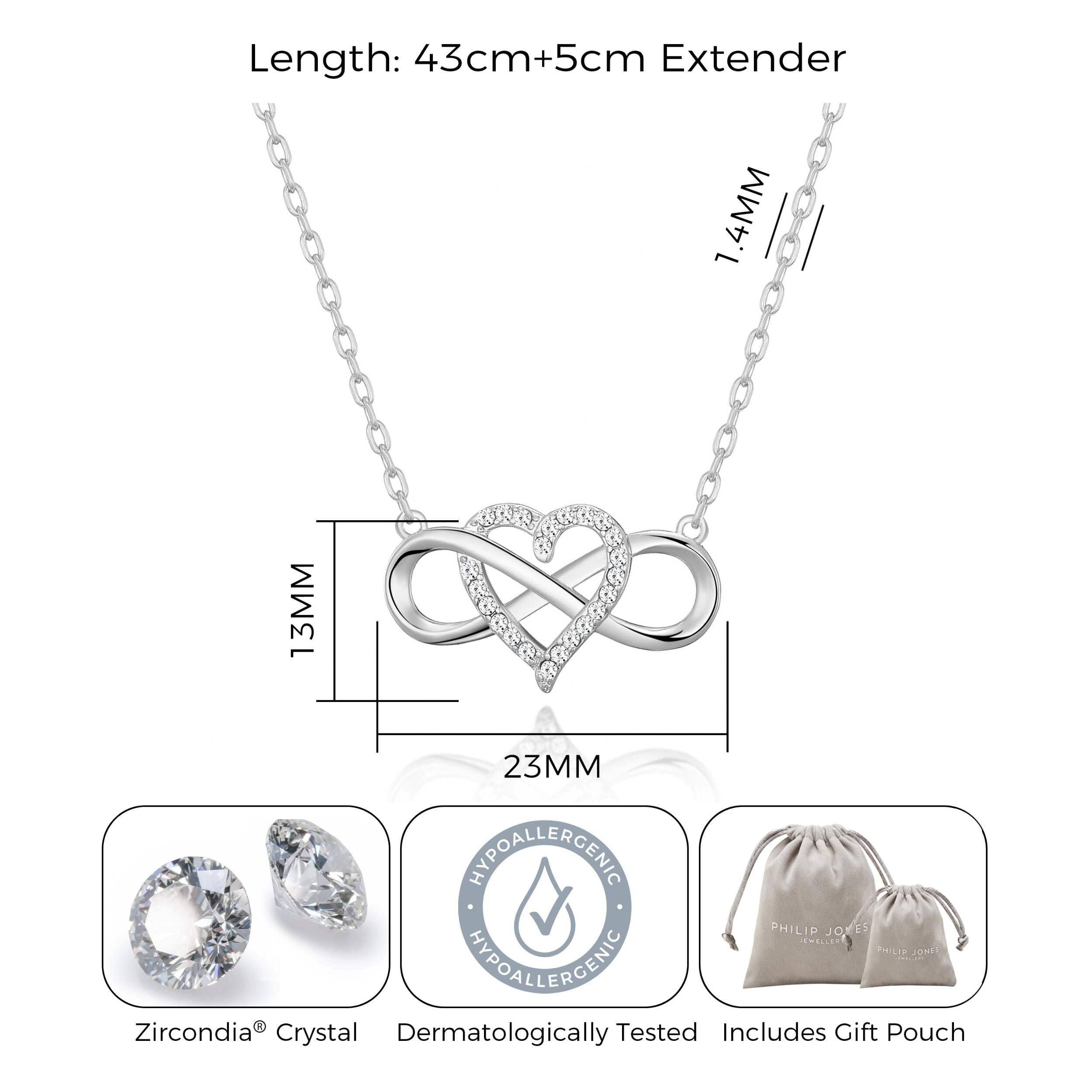 Silver Plated Infinity Heart Necklace with Zirconia Crystals - Romantic Gift for Her