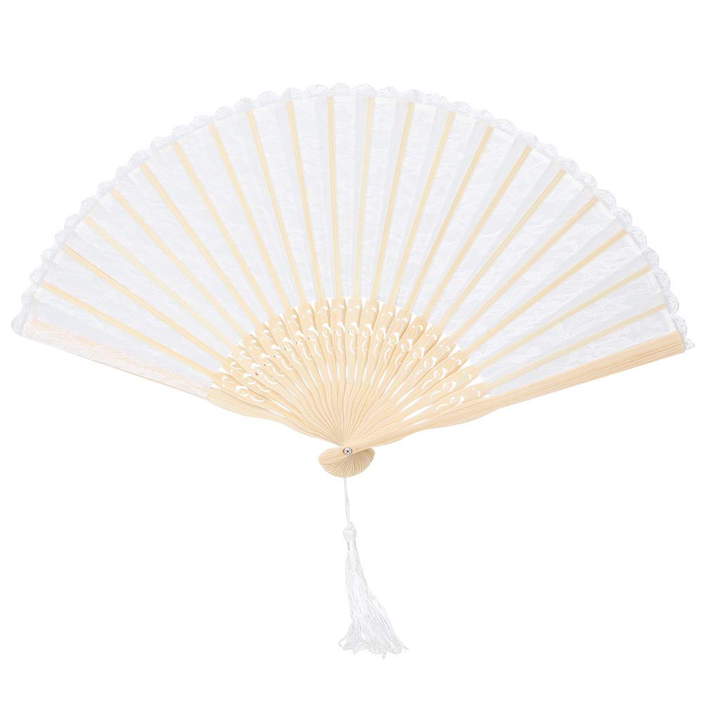 Vintage Handmade Chinese & Japanese Style White Lace Folding Fan with Bamboo Staves - Elegant Bridal Wedding Party Decor & Photo Prop for Women - Perfect for Cosplay, Tea Ceremonies, and Traditional Performances