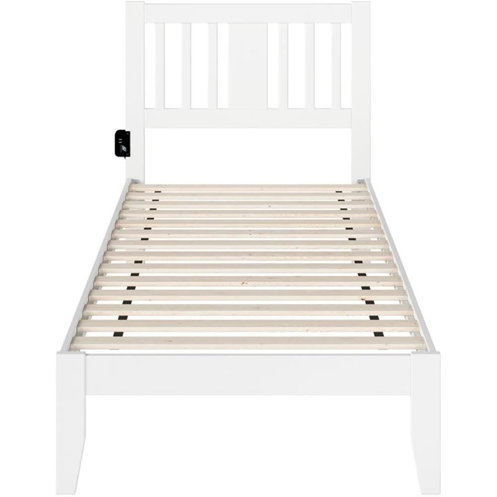 BOWERY HILL White Twin XL Spindle Bed Frame with Built-in USB Turbo Charger - Perfect for Dorm Rooms, Small Bedrooms & Guest Rooms