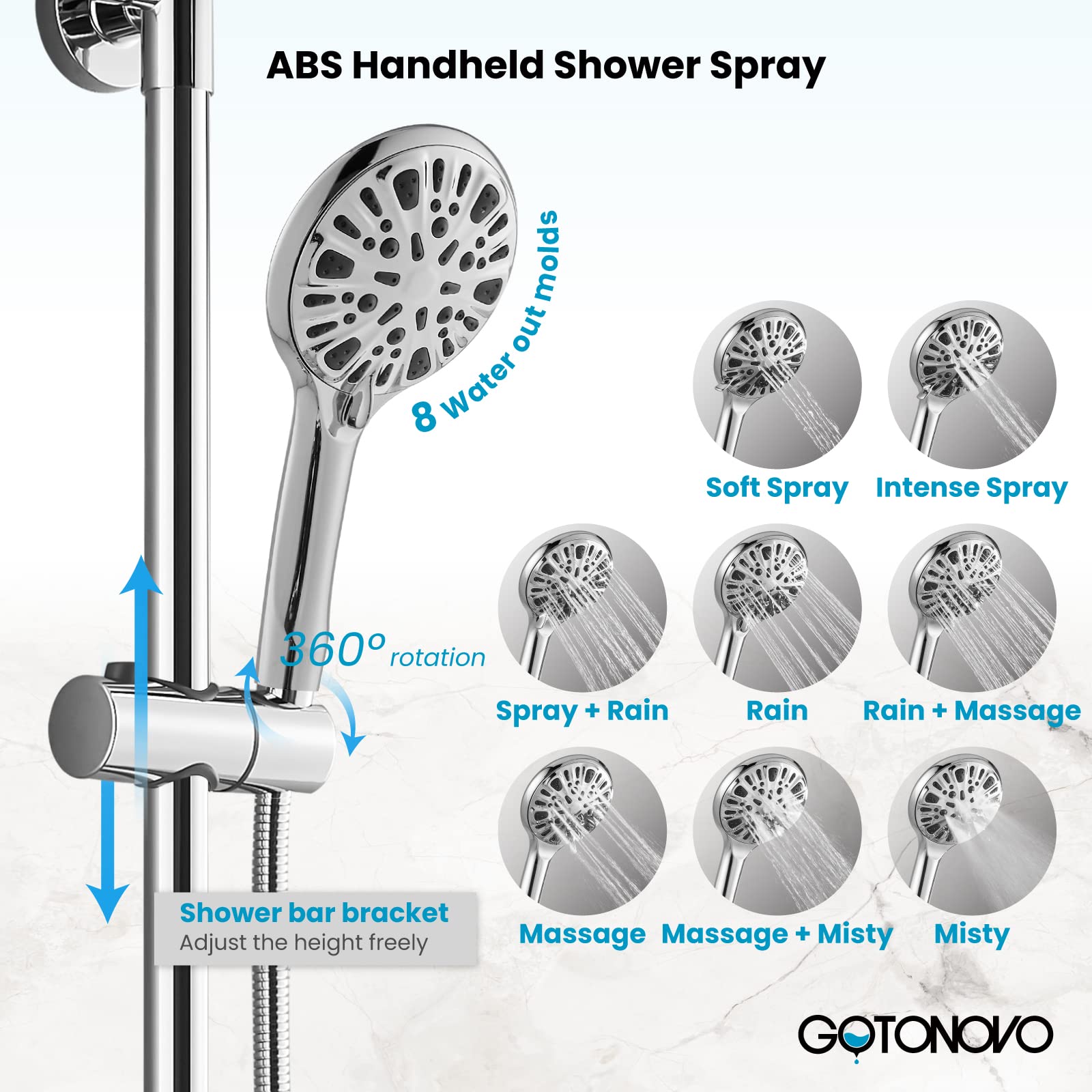Gotonovo 8 Inch Round Rain Shower Head with Double Cross Handle & Tub Spout - 3 Function ABS Handheld Sprayer, Wall Mount Bathroom Faucet in Polished Chrome - Perfect for Modern Bathrooms & Spa-Like Showers