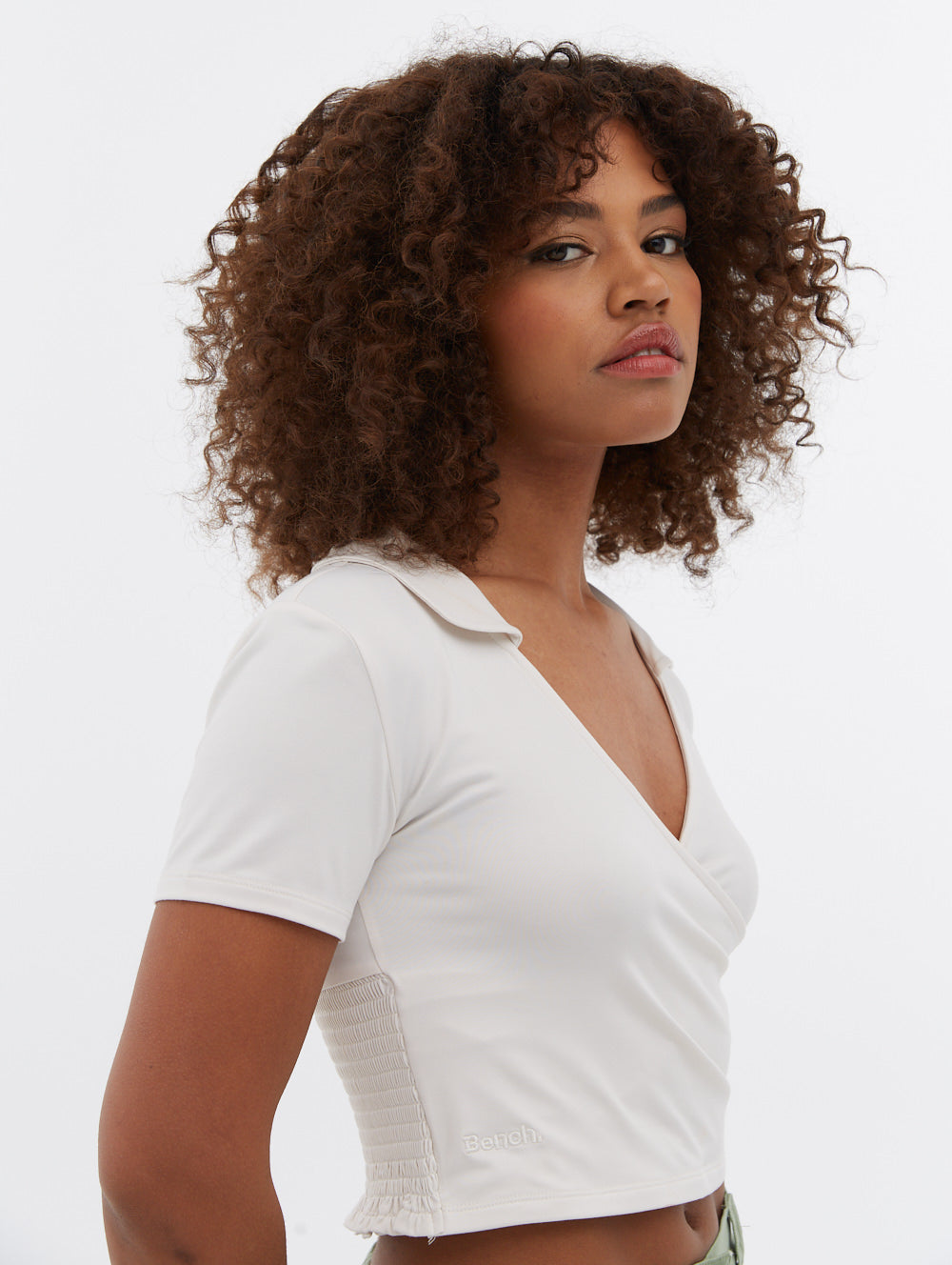 Constance Collared Wrap Crop Top - Women's Fashion Short Sleeve Shirt for Casual Outfits & Summer Wear